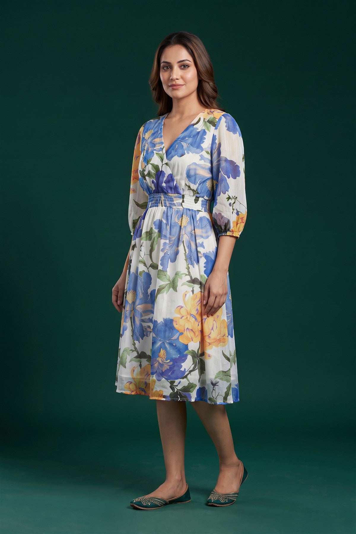 Satin Crepe Printed Blue Kurti