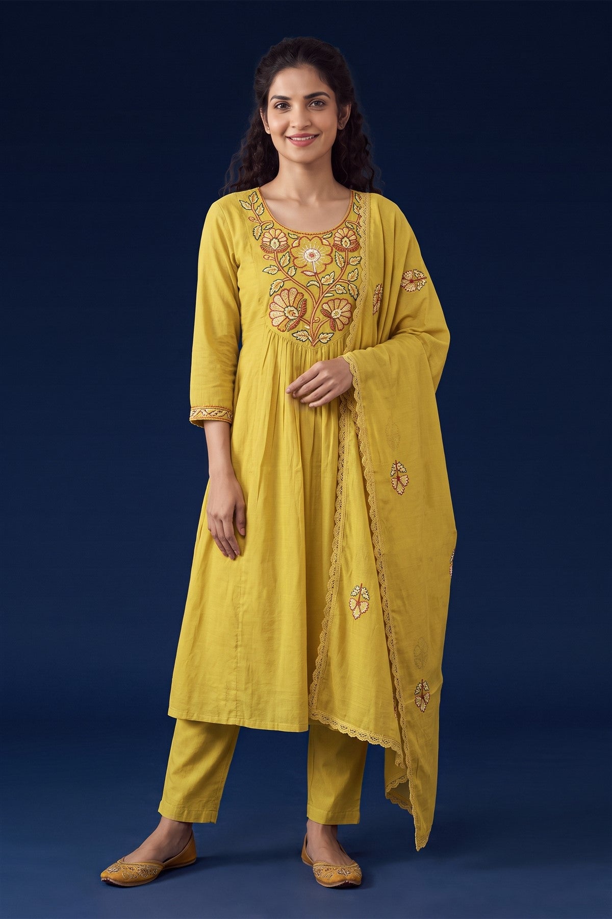 Mul Chanderi Embroidered Yellow Kurti Set With Dupatta
