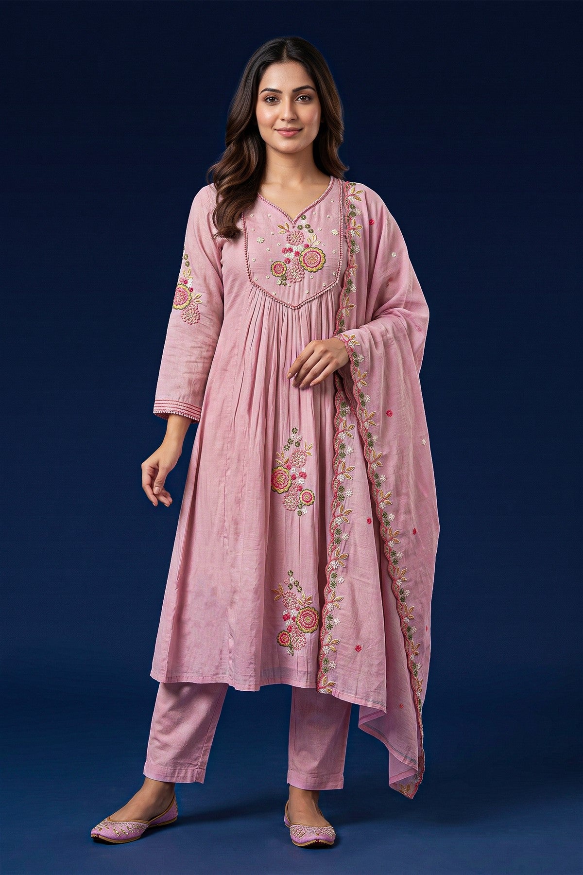 Chanderi Silk Embroidered Dusty Pink Kurti Set With Dupatta