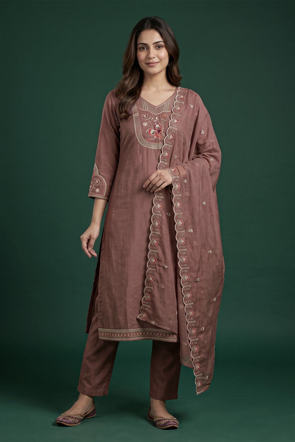 Muslin Embroidered Light Brown Kurti Set With Dupatta