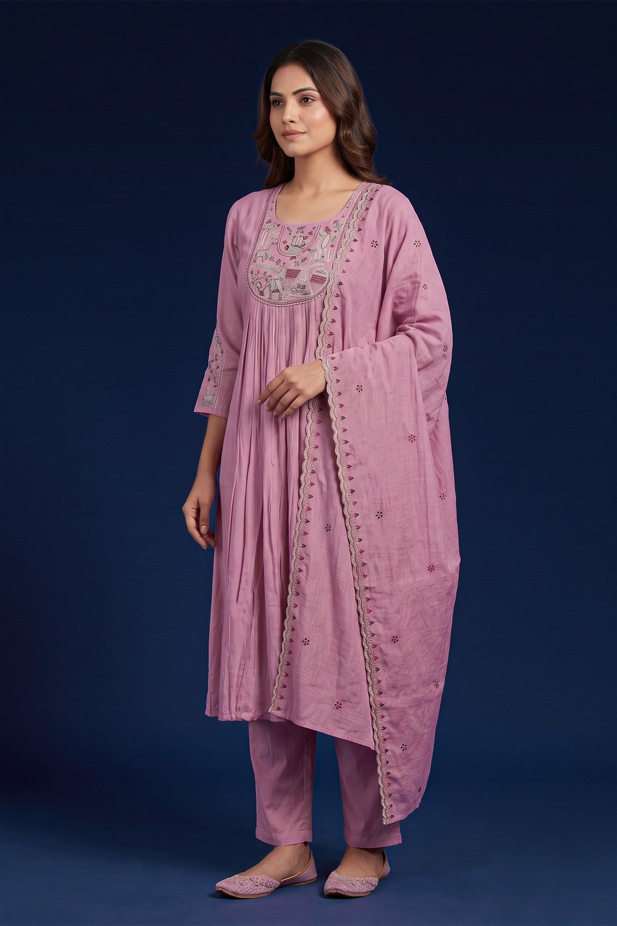 Chanderi Silk Embroidered Onion Pink Kurti Set With Dupatta