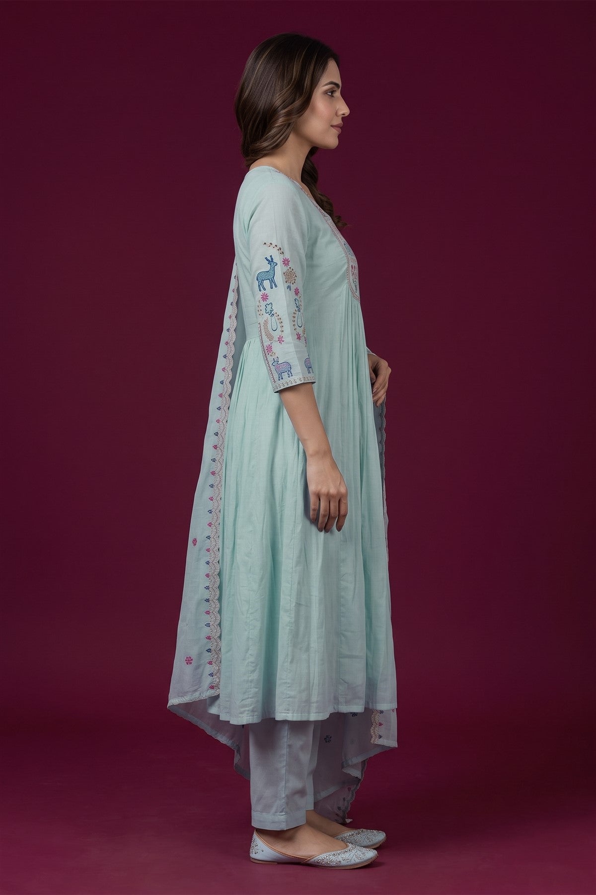 Chanderi Silk Embroidered Sea Green Kurti Set With Dupatta