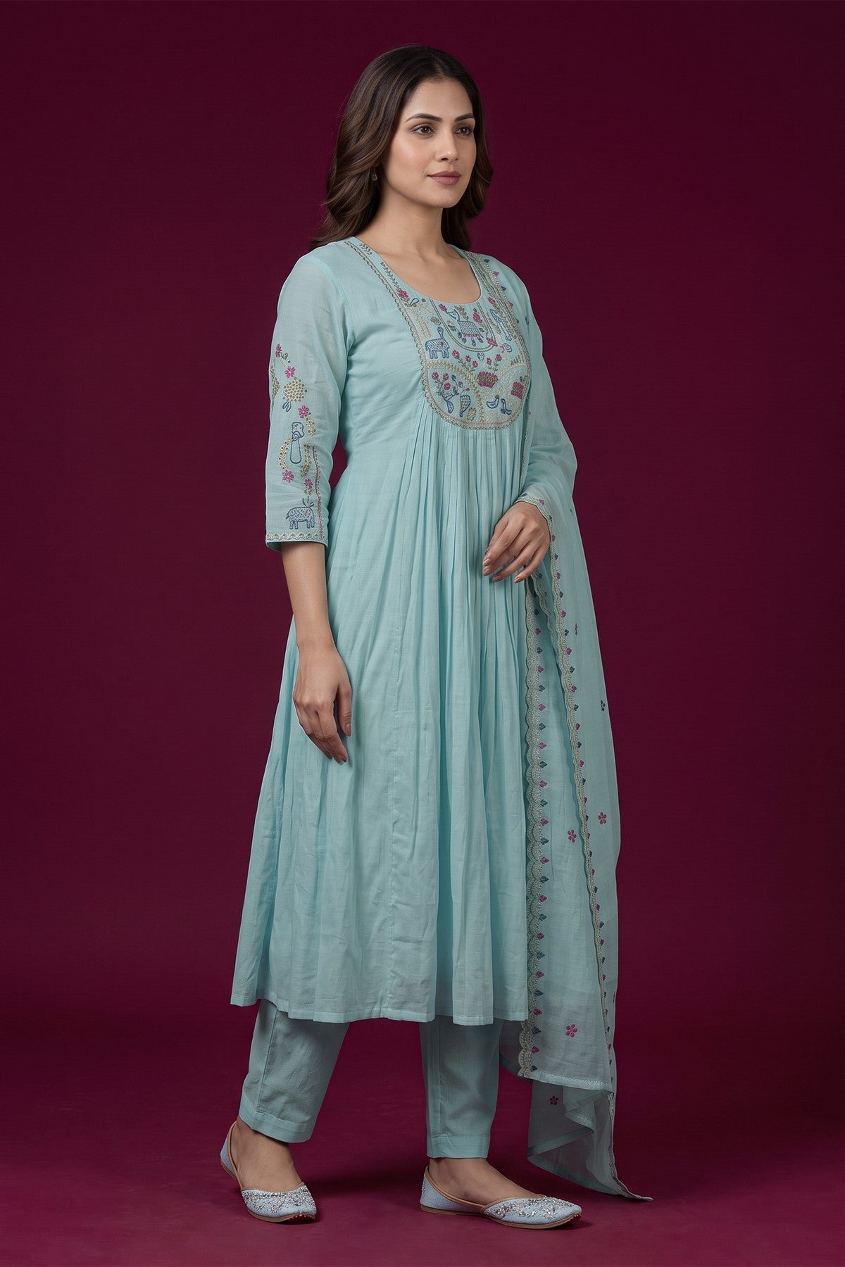 Chanderi Silk Embroidered Sea Green Kurti Set With Dupatta