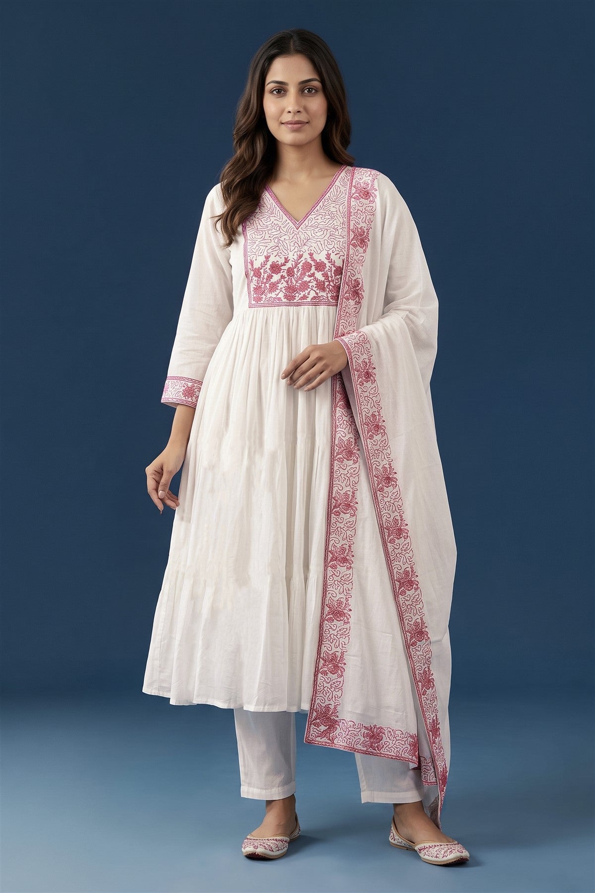 Mul Chanderi Embroidered White Kurti Set With Dupatta
