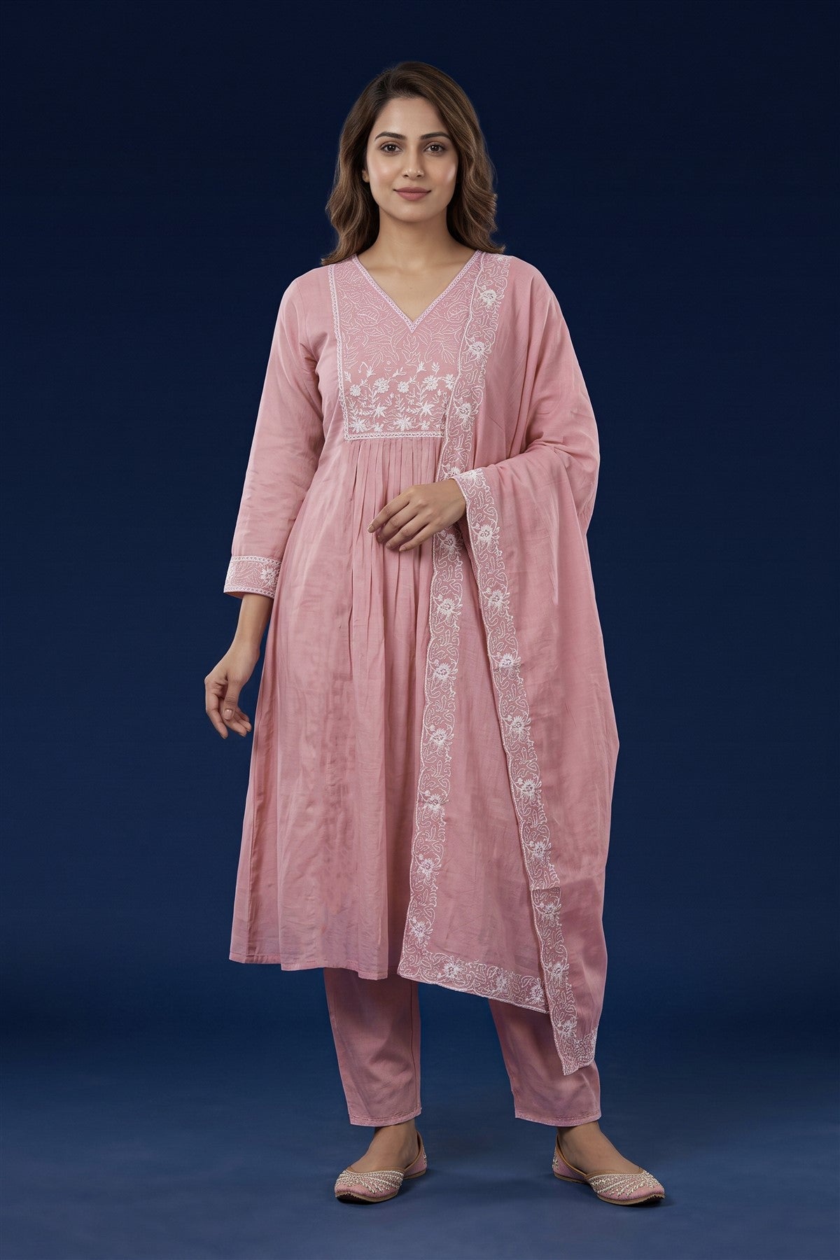 Mul Chanderi Embroidered Peach Kurti Set With Dupatta