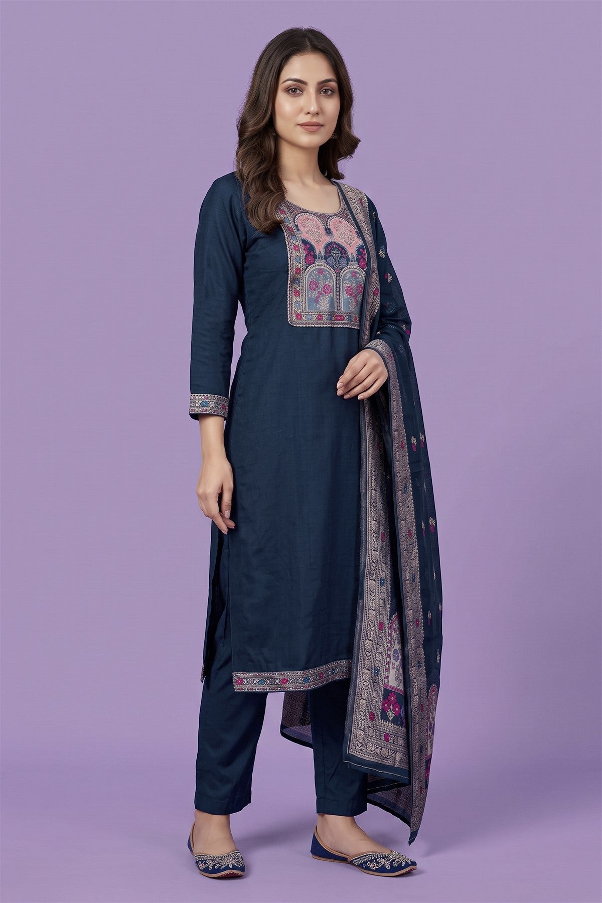Muslin Printed Indigo Kurti Set With Dupatta