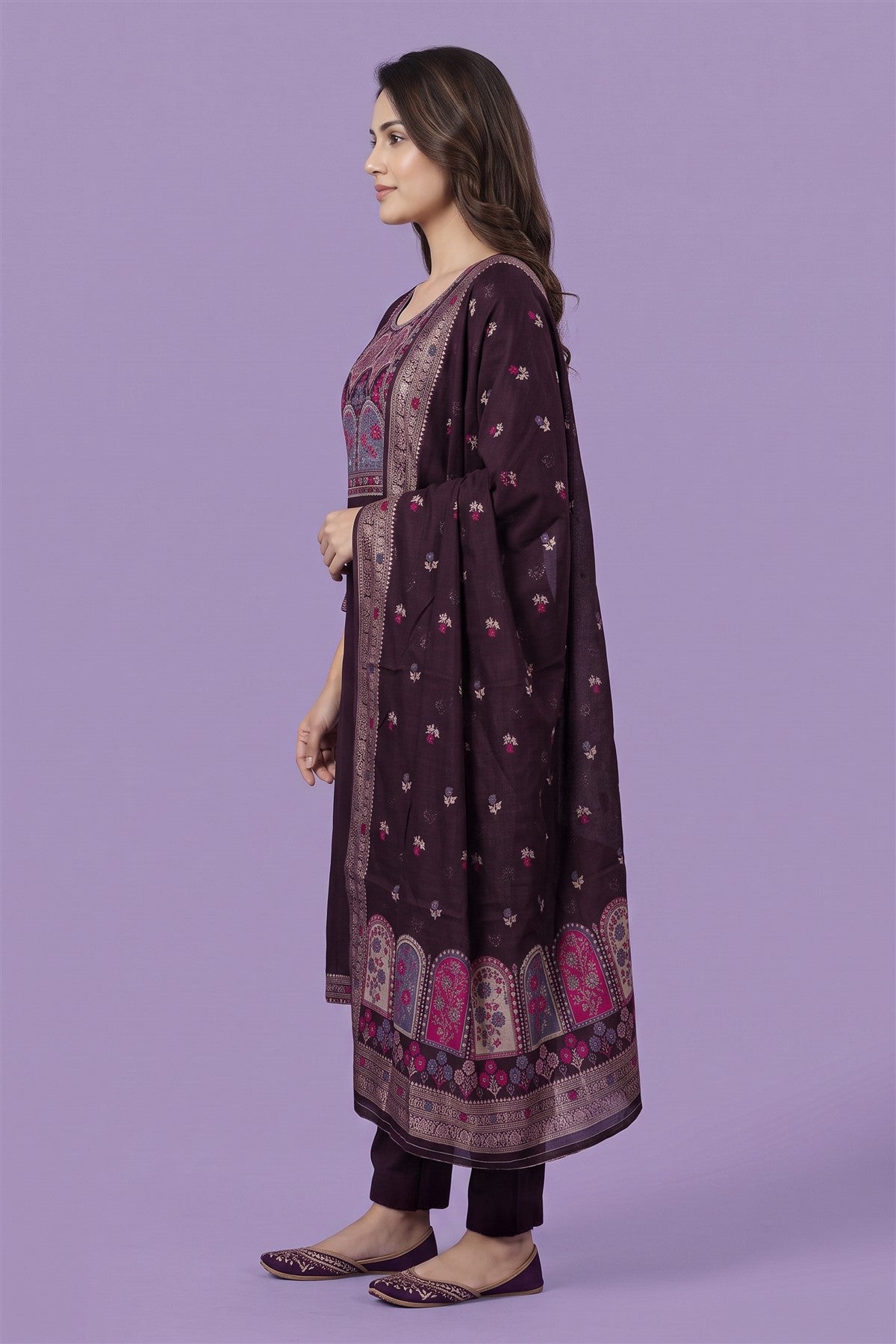 Muslin Embroidered Wine Kurti Set With Dupatta