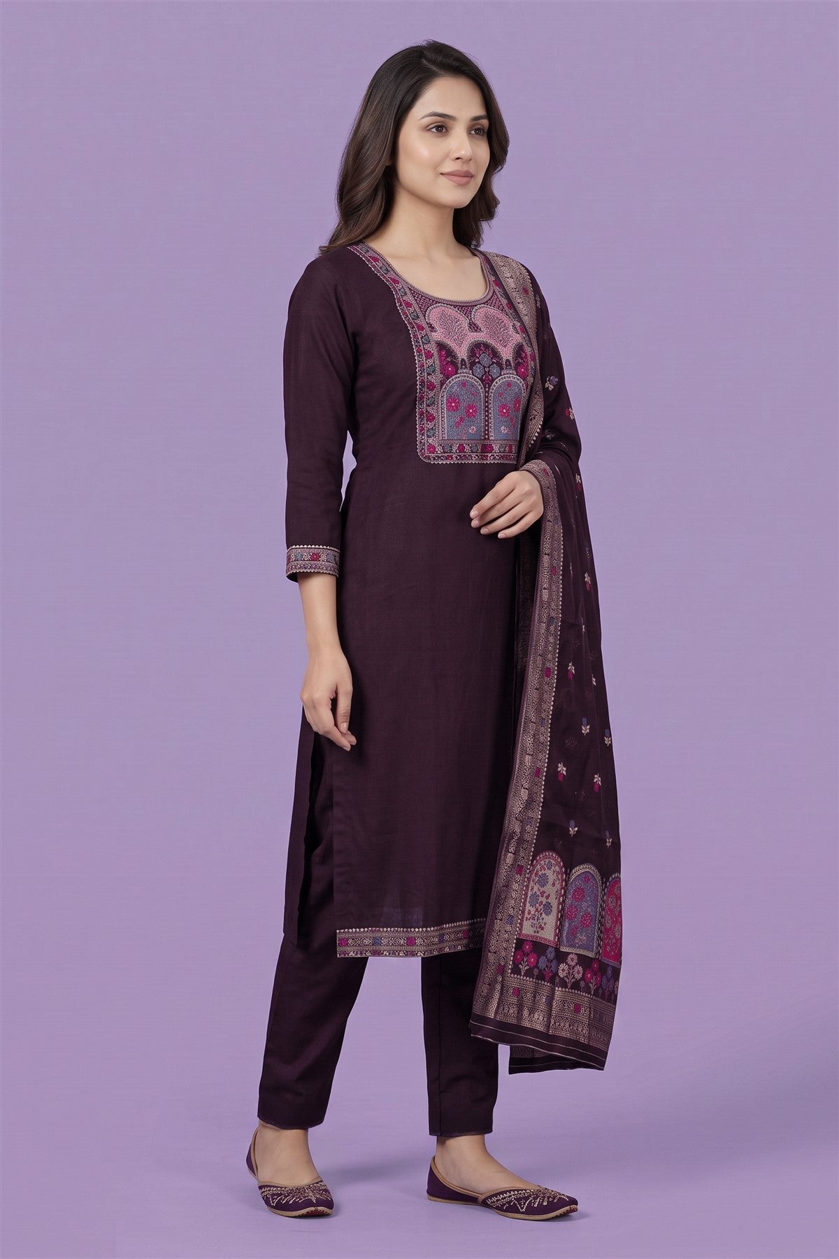 Muslin Embroidered Wine Kurti Set With Dupatta