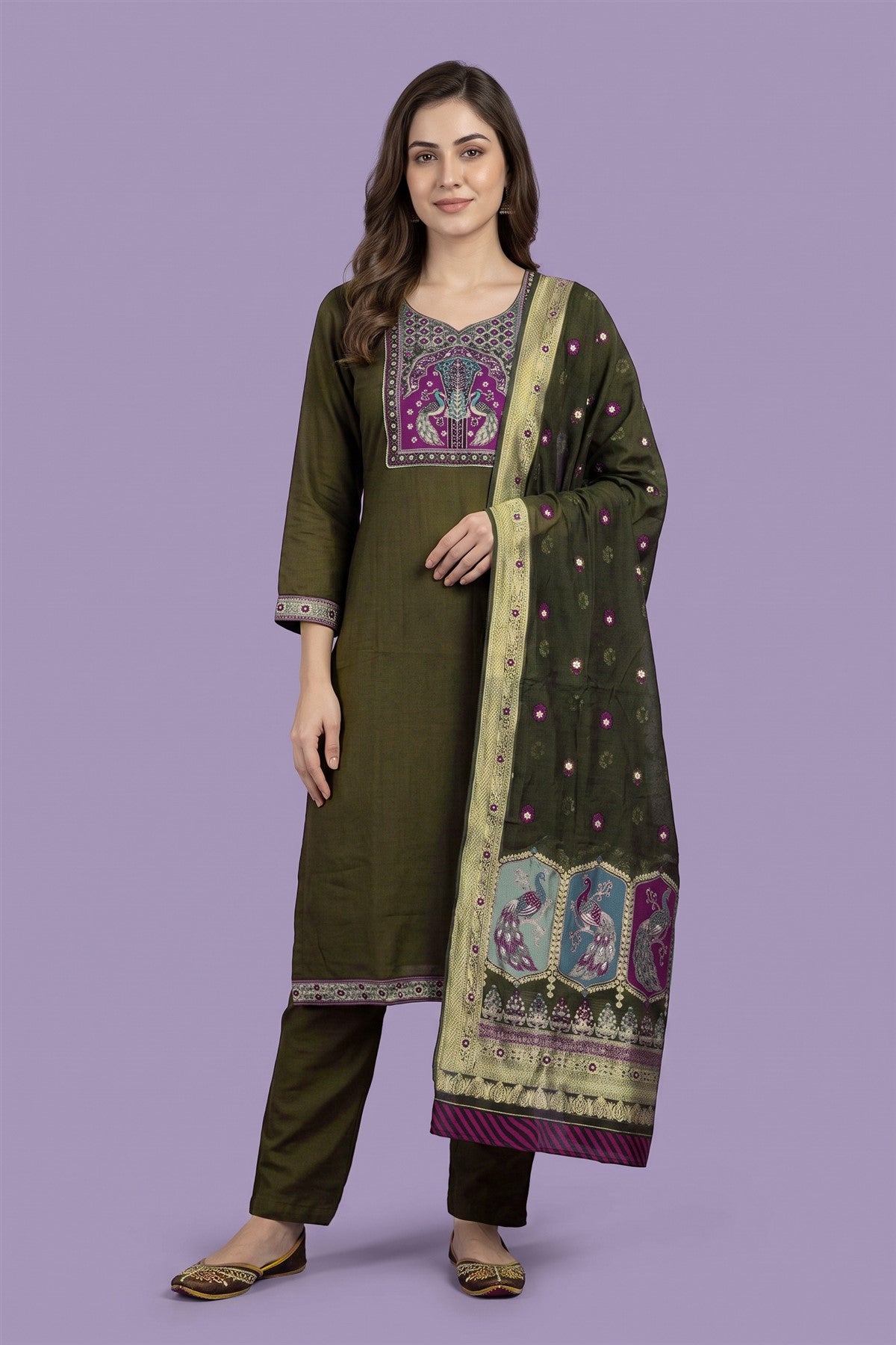 Muslin Embroidered Mehendi Green Kurti Set With Dupatta