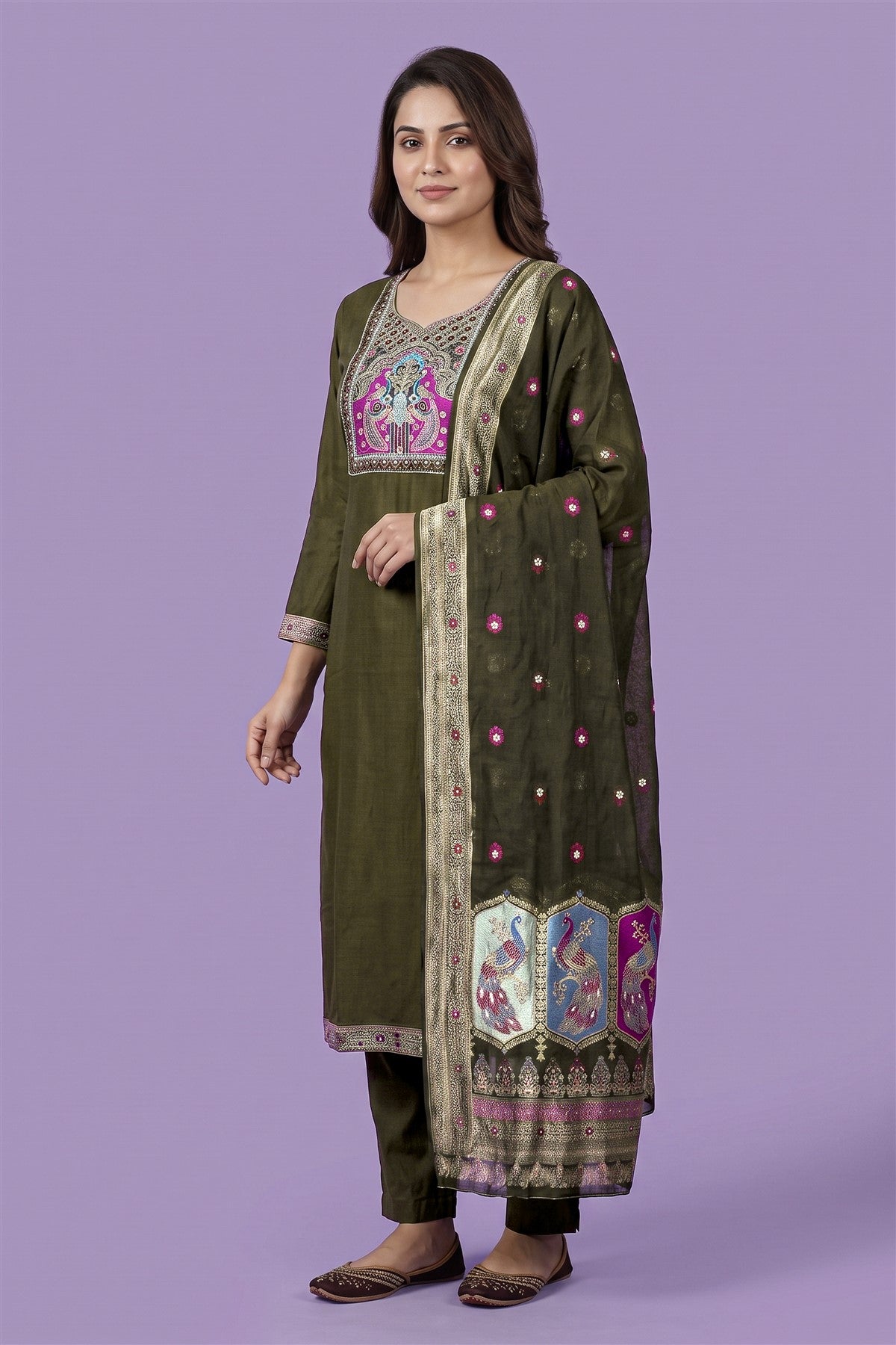 Muslin Embroidered Mehendi Green Kurti Set With Dupatta