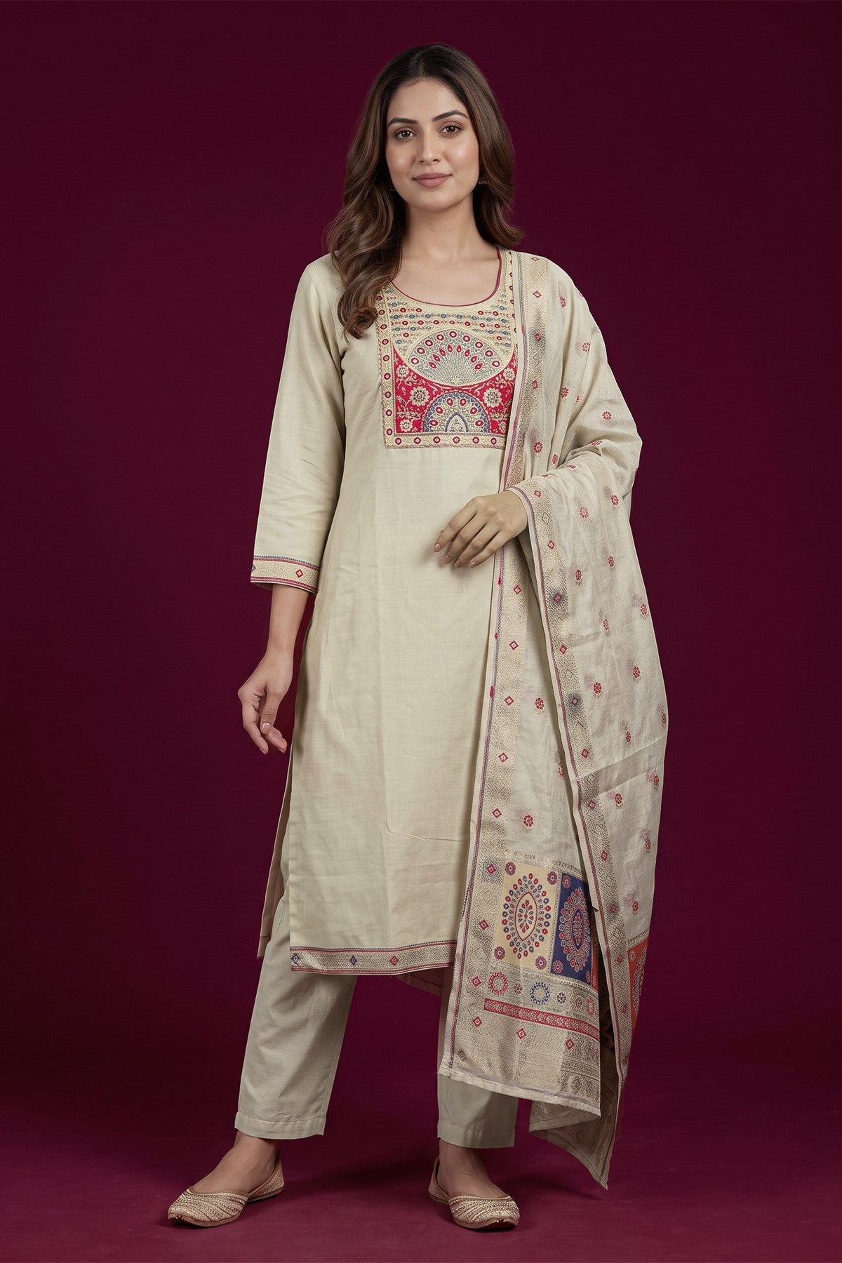Muslin Embroidered Cream Kurti Set With Dupatta
