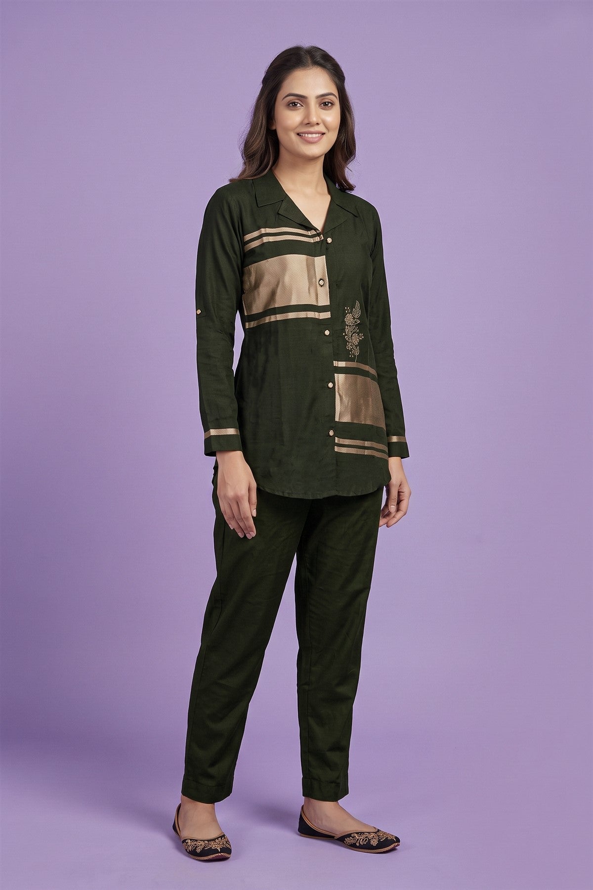 Chanderi Embroidered Bottle Green Co-Ord Set