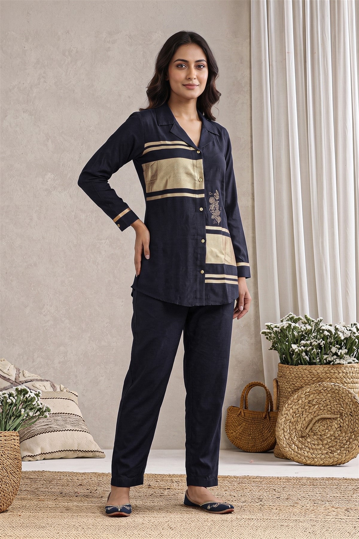Chanderi Embroidered Navy Blue Co-Ord Set
