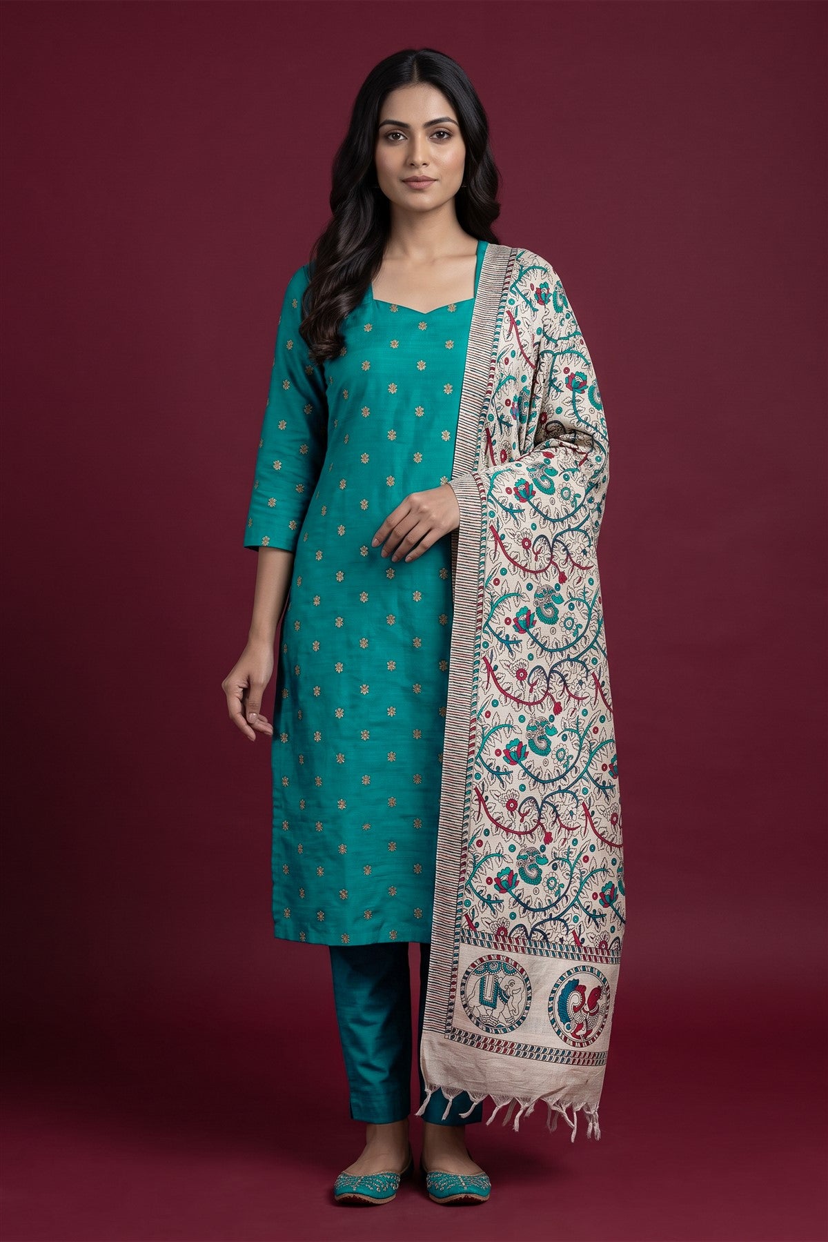 Chanderi Embroidered Rama Green Kurti Set With Dupatta
