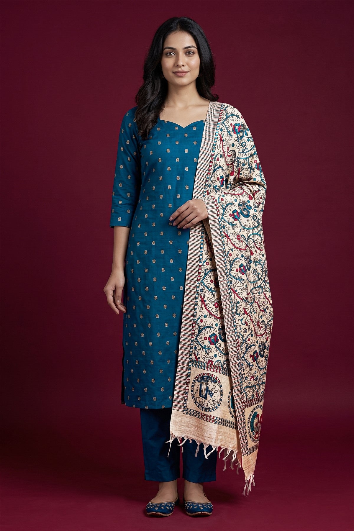 Chanderi Embroidered Dark Blue Kurti Set With Dupatta