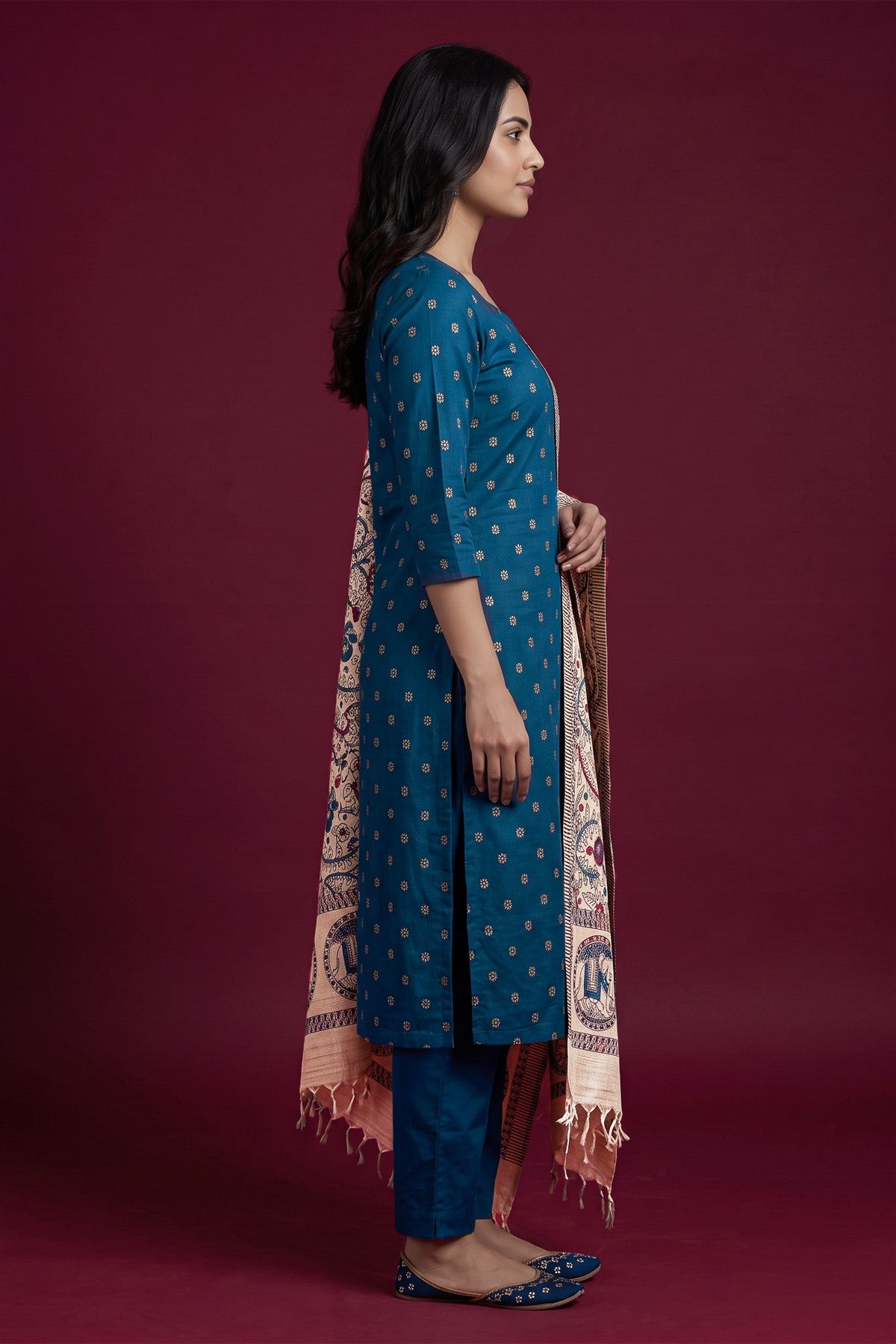 Chanderi Embroidered Dark Blue Kurti Set With Dupatta