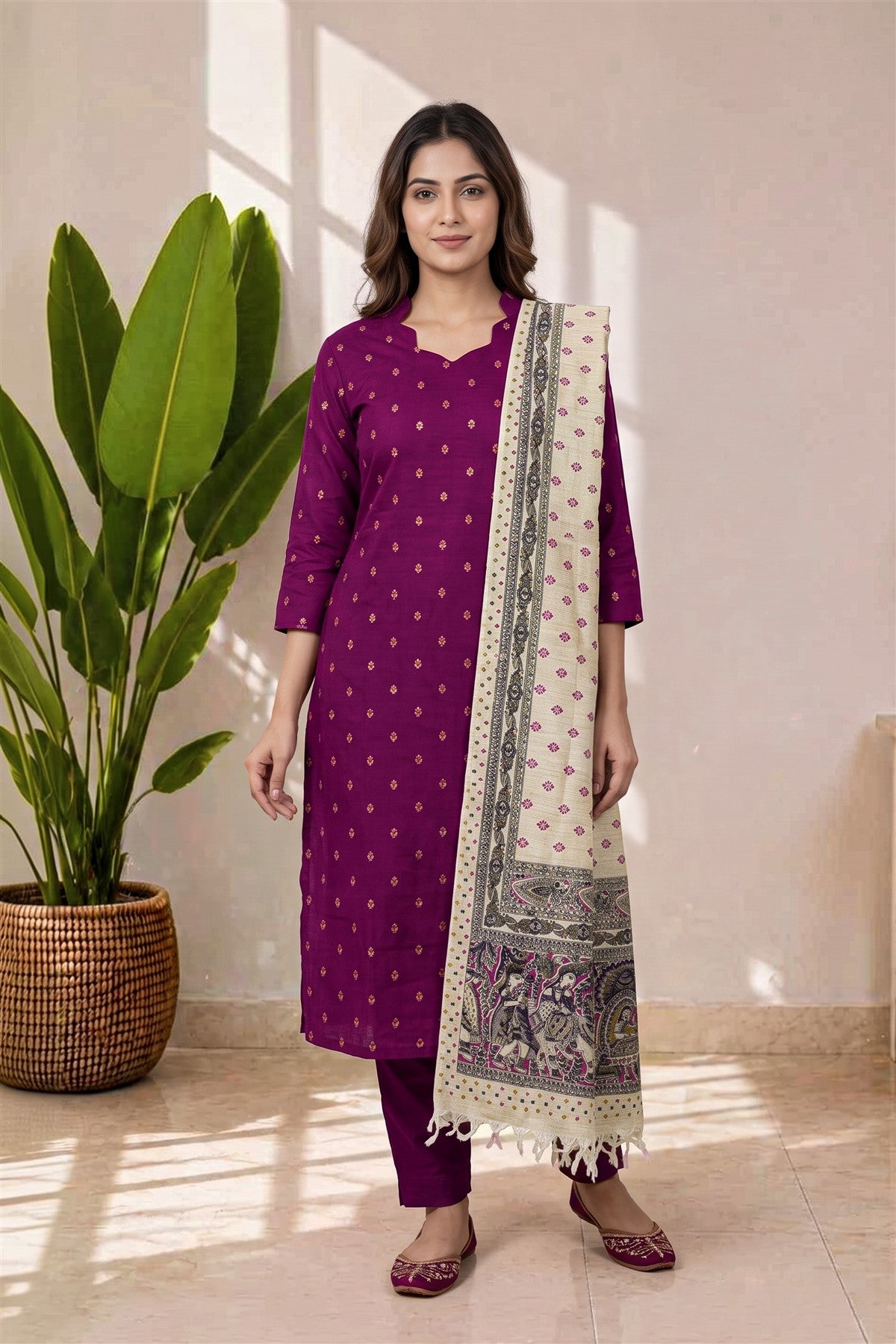 Chanderi Embroidered Rani Pink Kurti Set With Dupatta