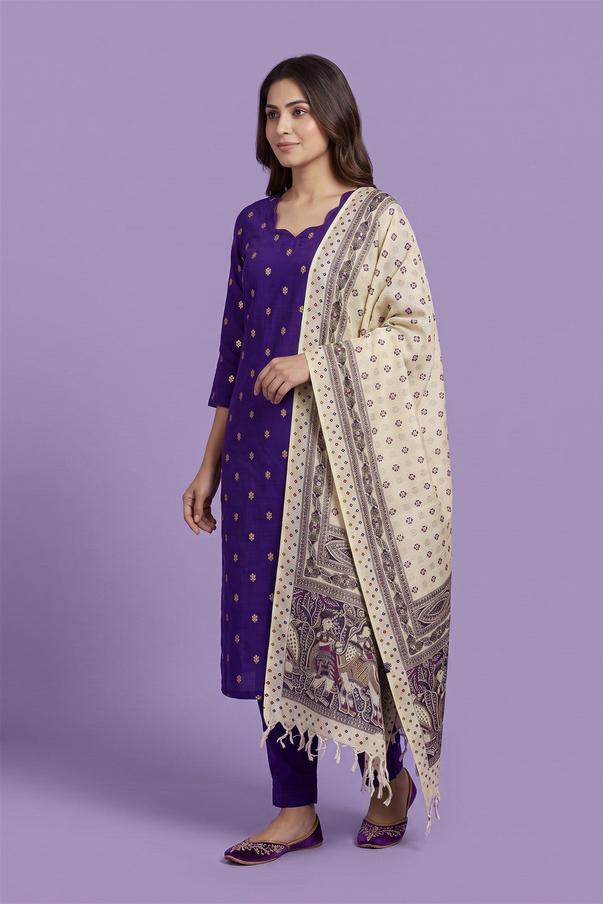 Chanderi Embroidered Violet Kurti Set With Dupatta