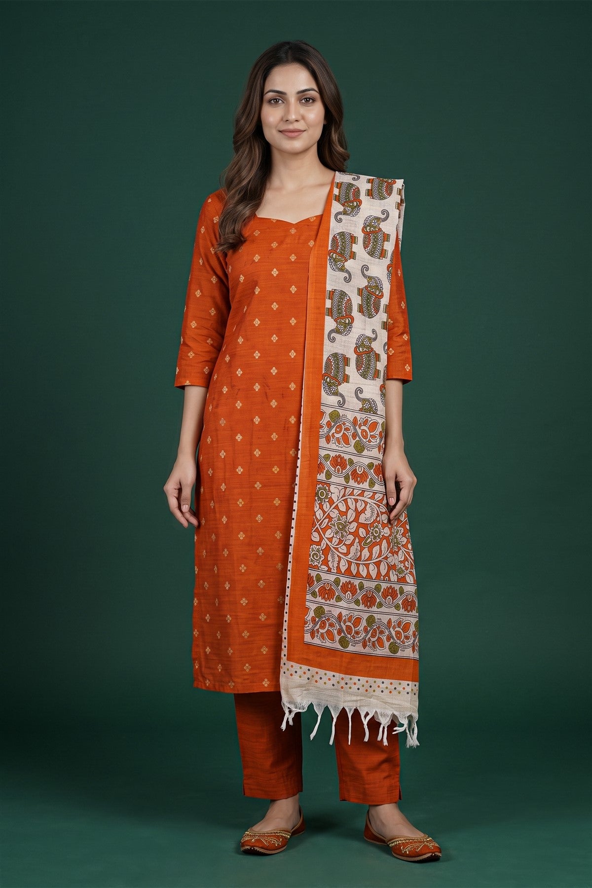Chanderi Embroidered Rust Kurti Set With Dupatta
