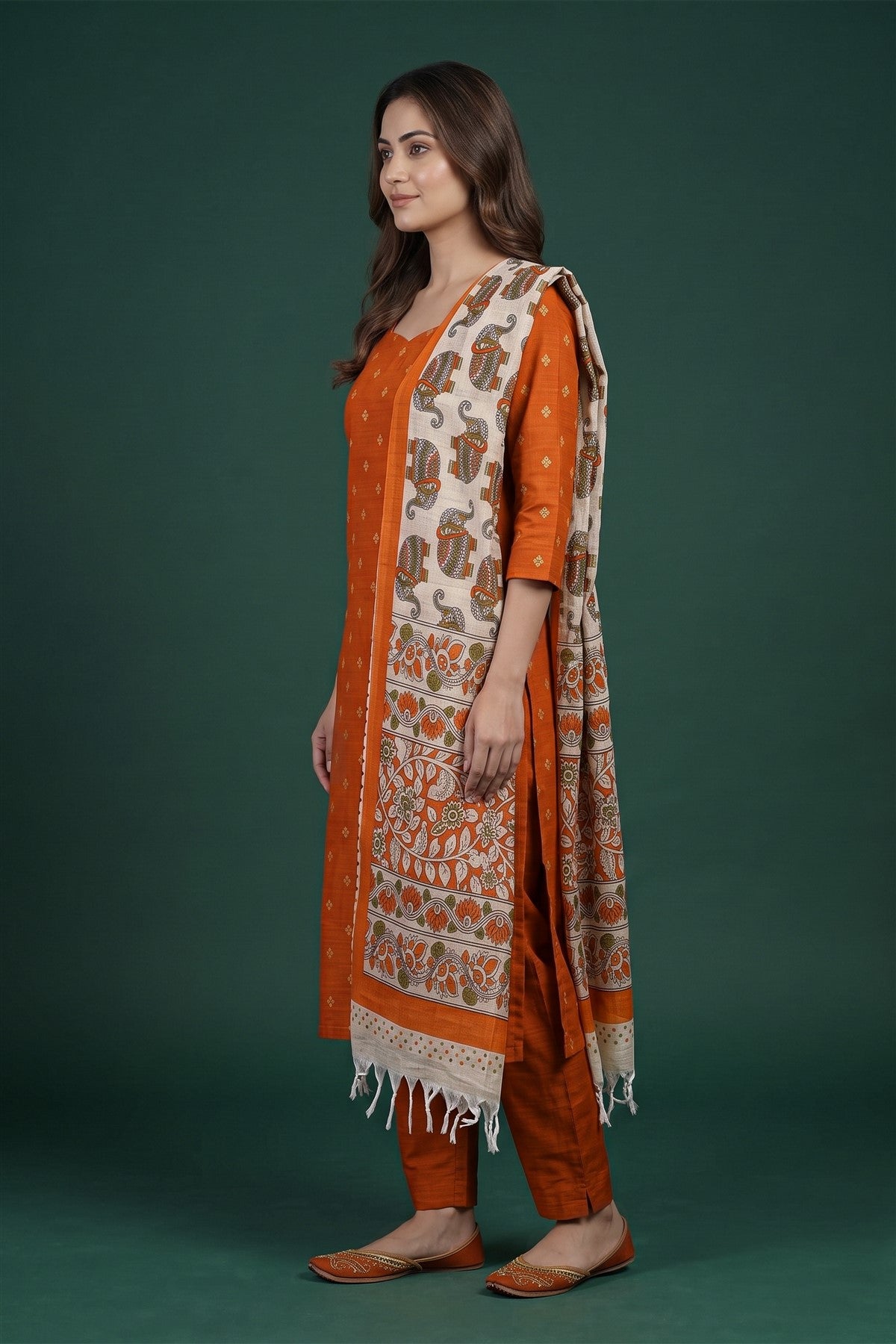 Chanderi Embroidered Rust Kurti Set With Dupatta