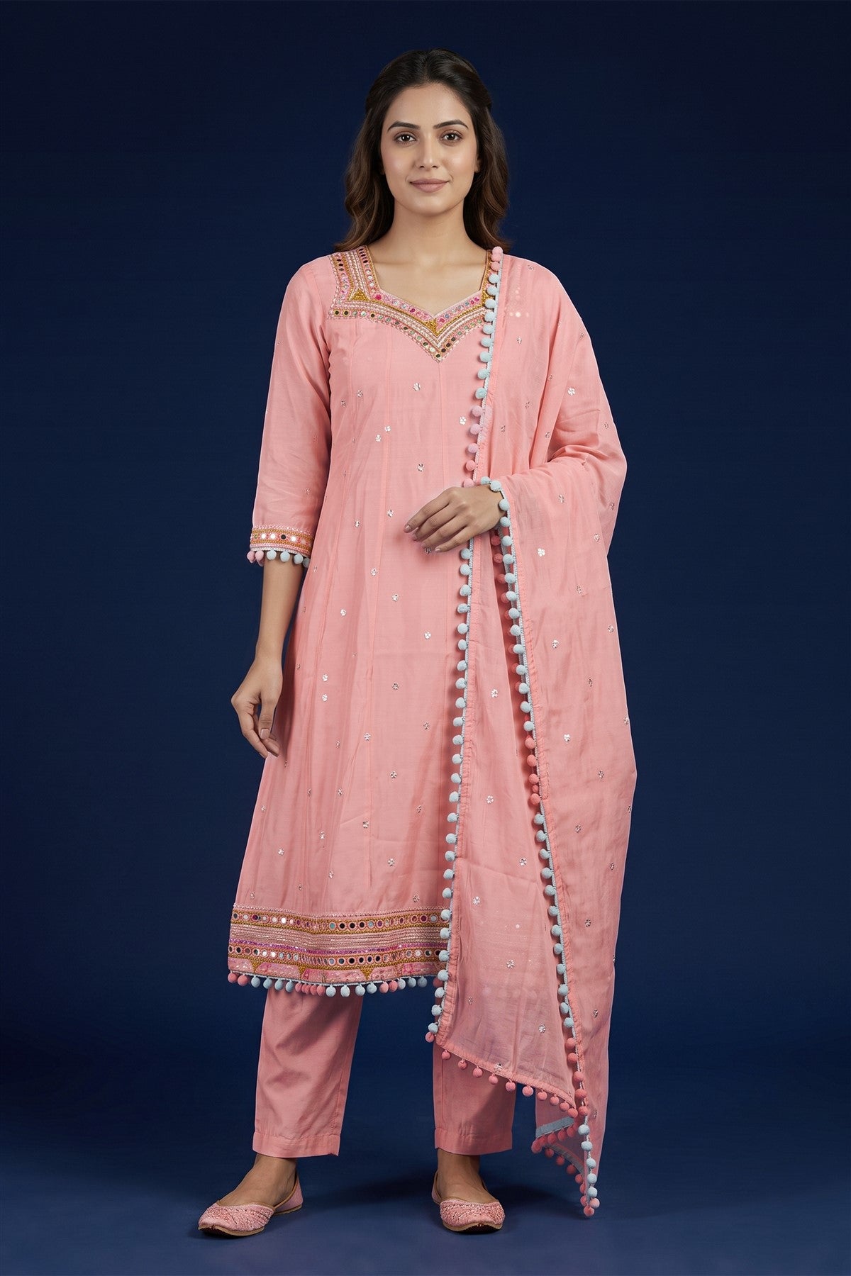 Chanderi Silk Embroidered Peach Kurti Set With Dupatta