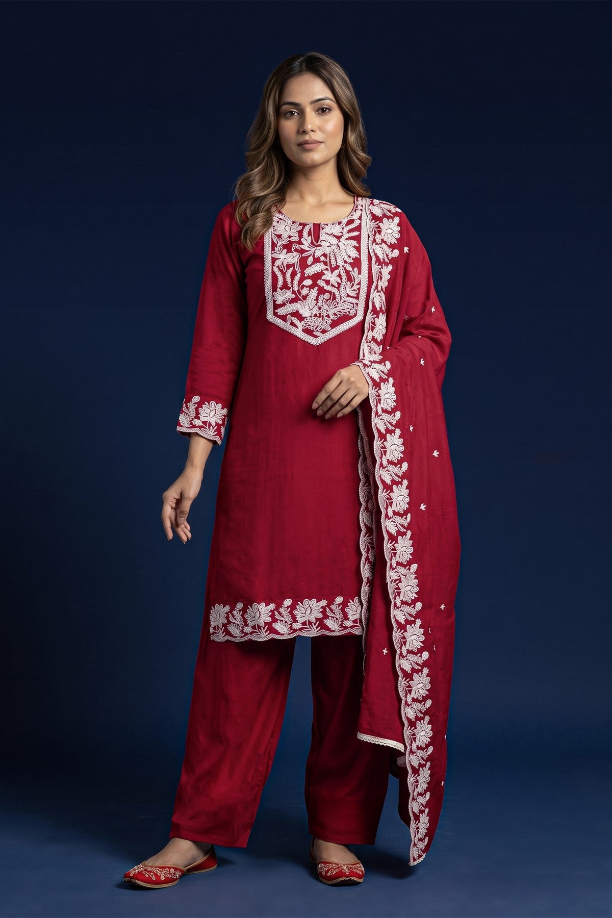 Chanderi Silk Embroidery Maroon Kurti Set With Dupatta