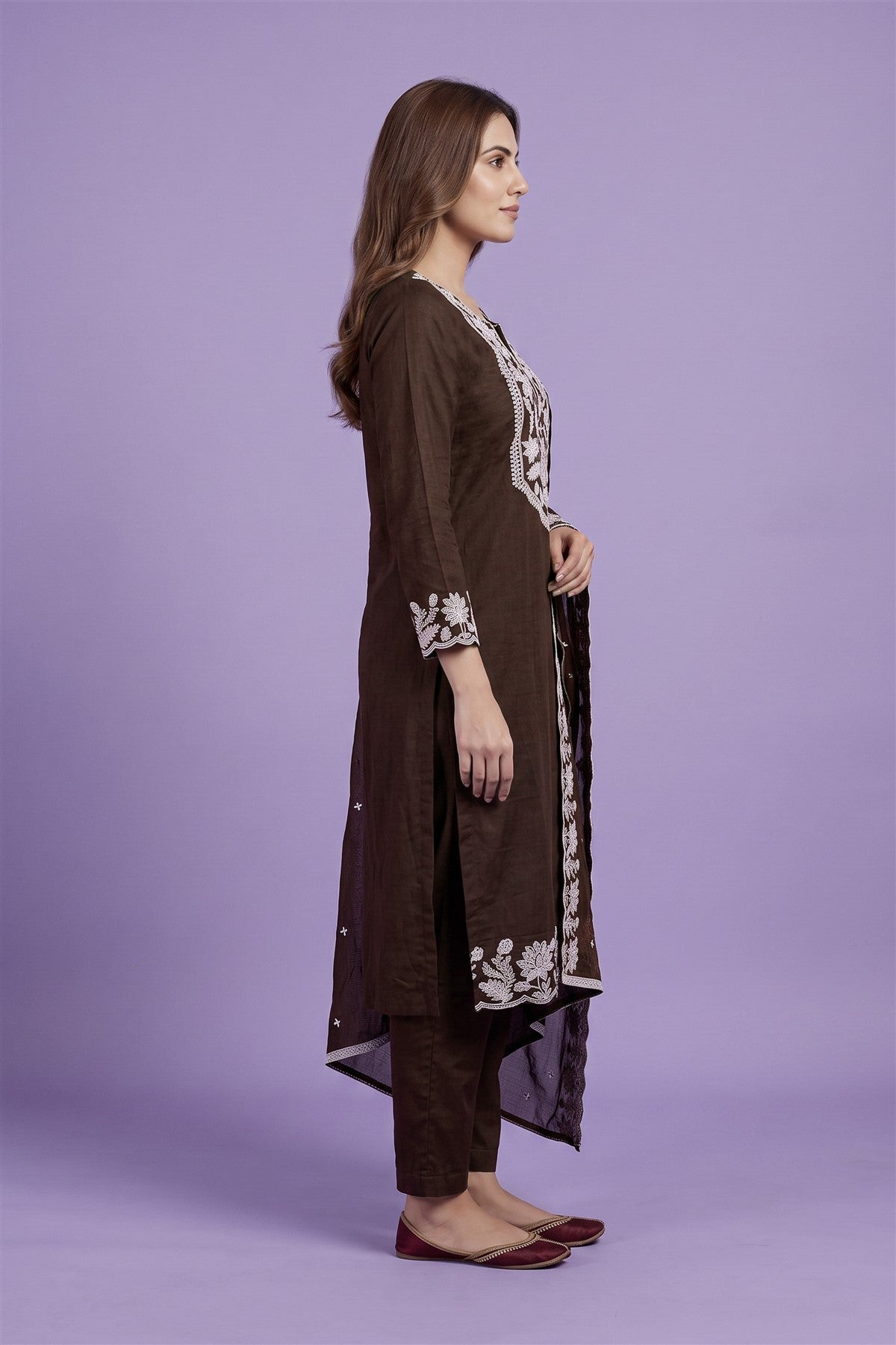 Chanderi Silk Embroidered Brown Kurti Set With Dupatta
