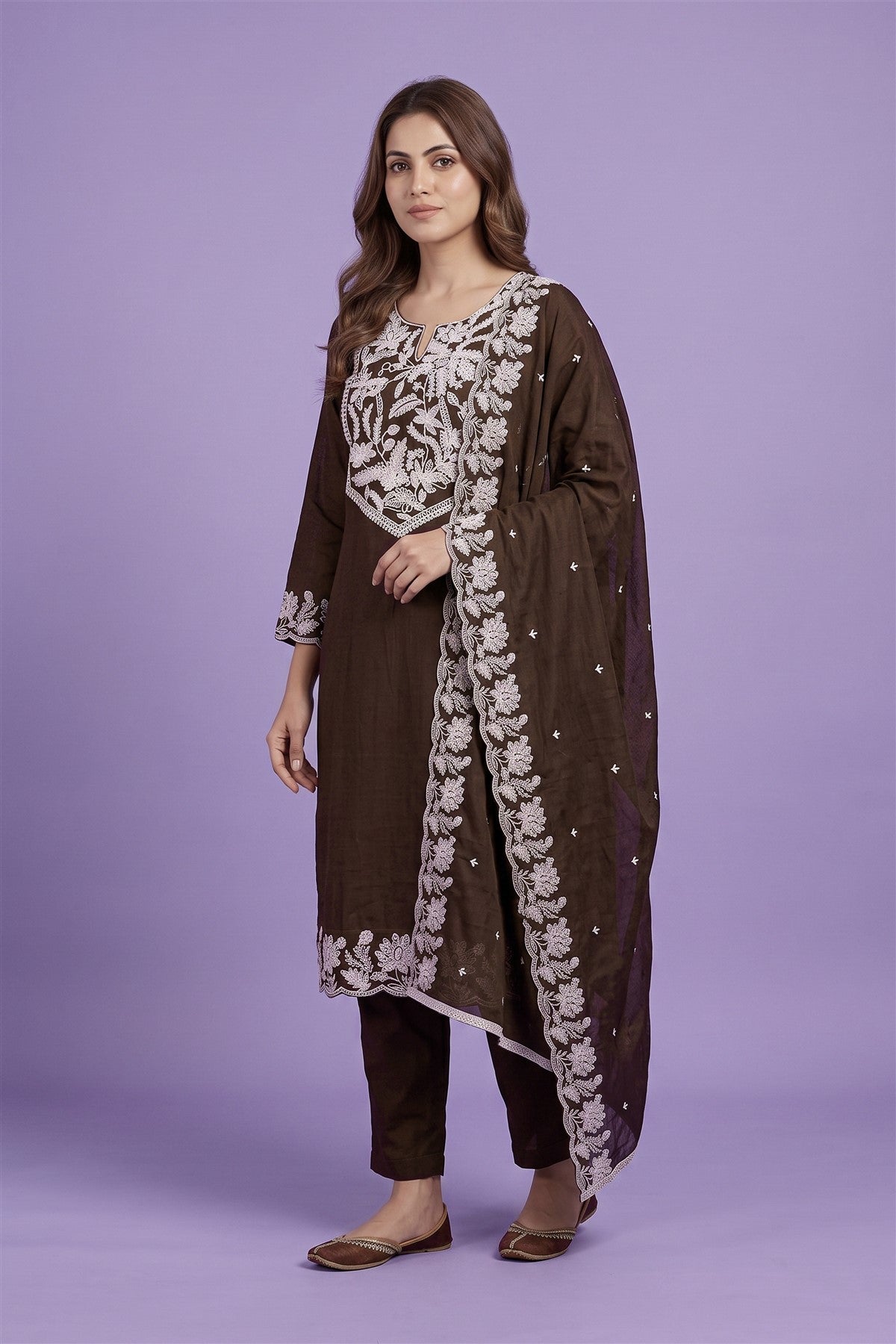 Chanderi Silk Embroidered Brown Kurti Set With Dupatta