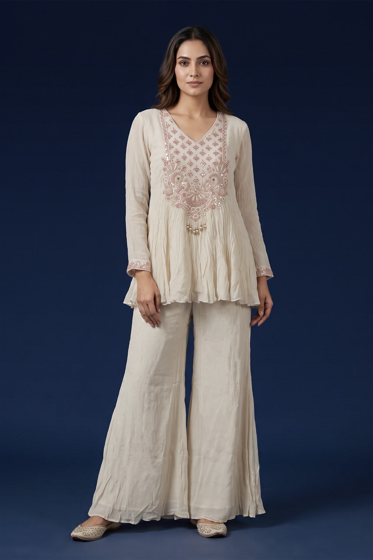 Silk Tissue Embroidered Cream Co-Ord Set