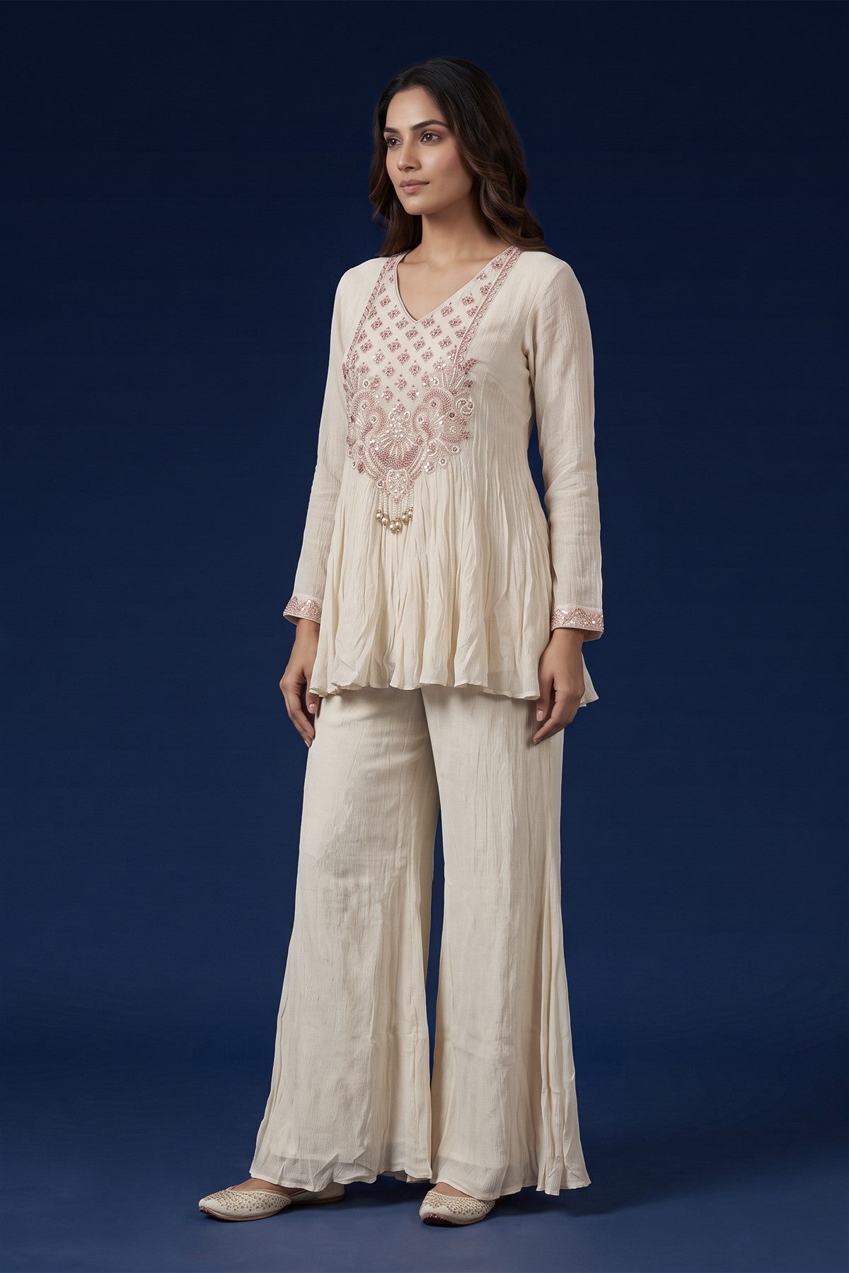 Silk Tissue Embroidered Cream Co-Ord Set