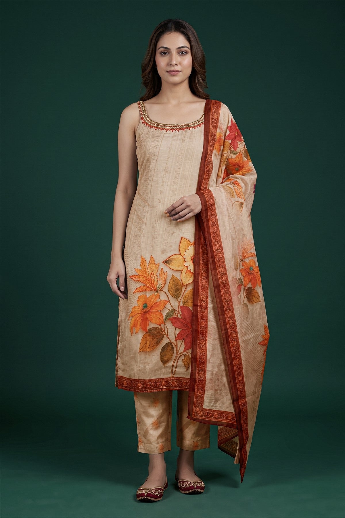 Mul Chanderi Printed Beige Kurti Set With Dupatta