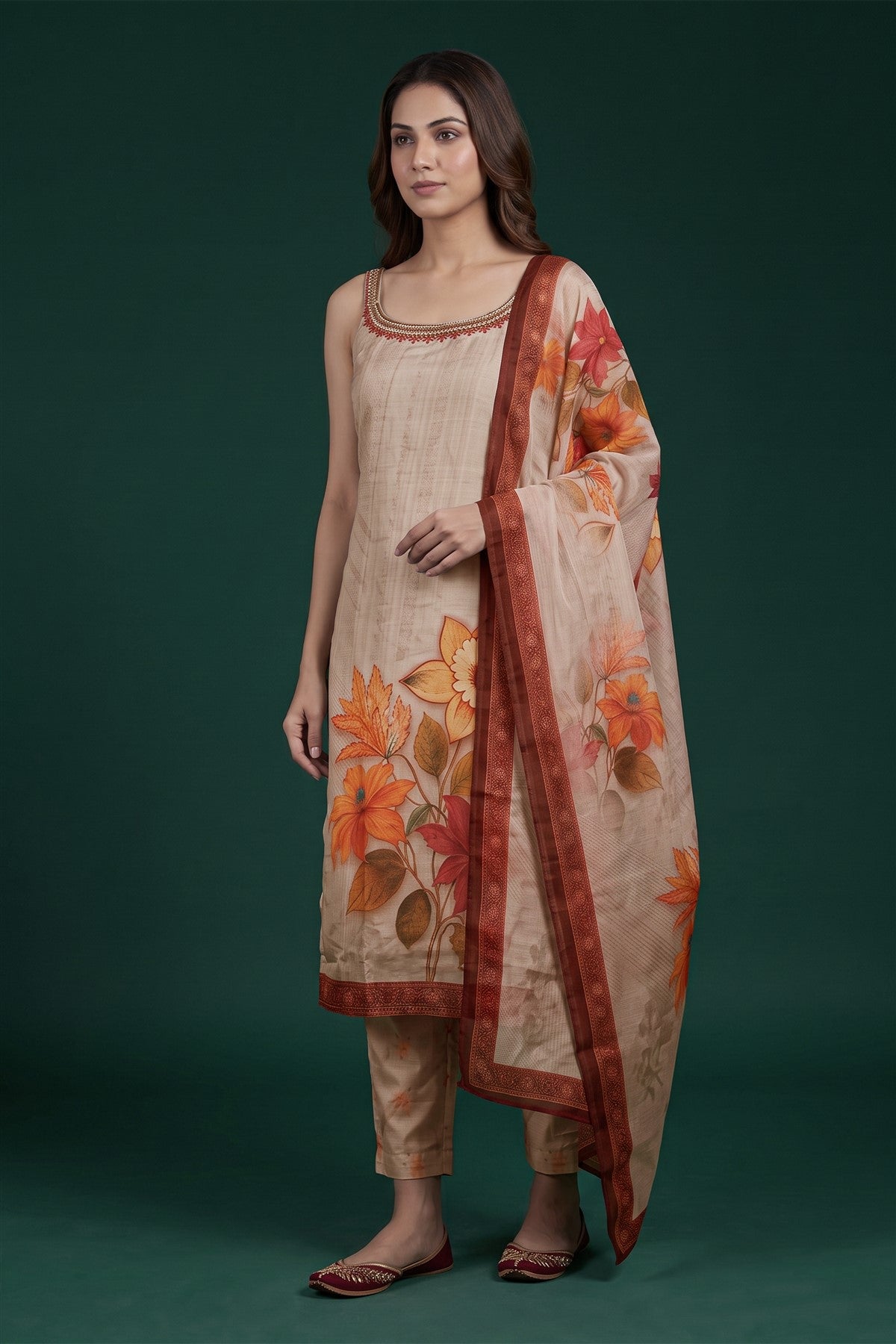 Mul Chanderi Printed Beige Kurti Set With Dupatta