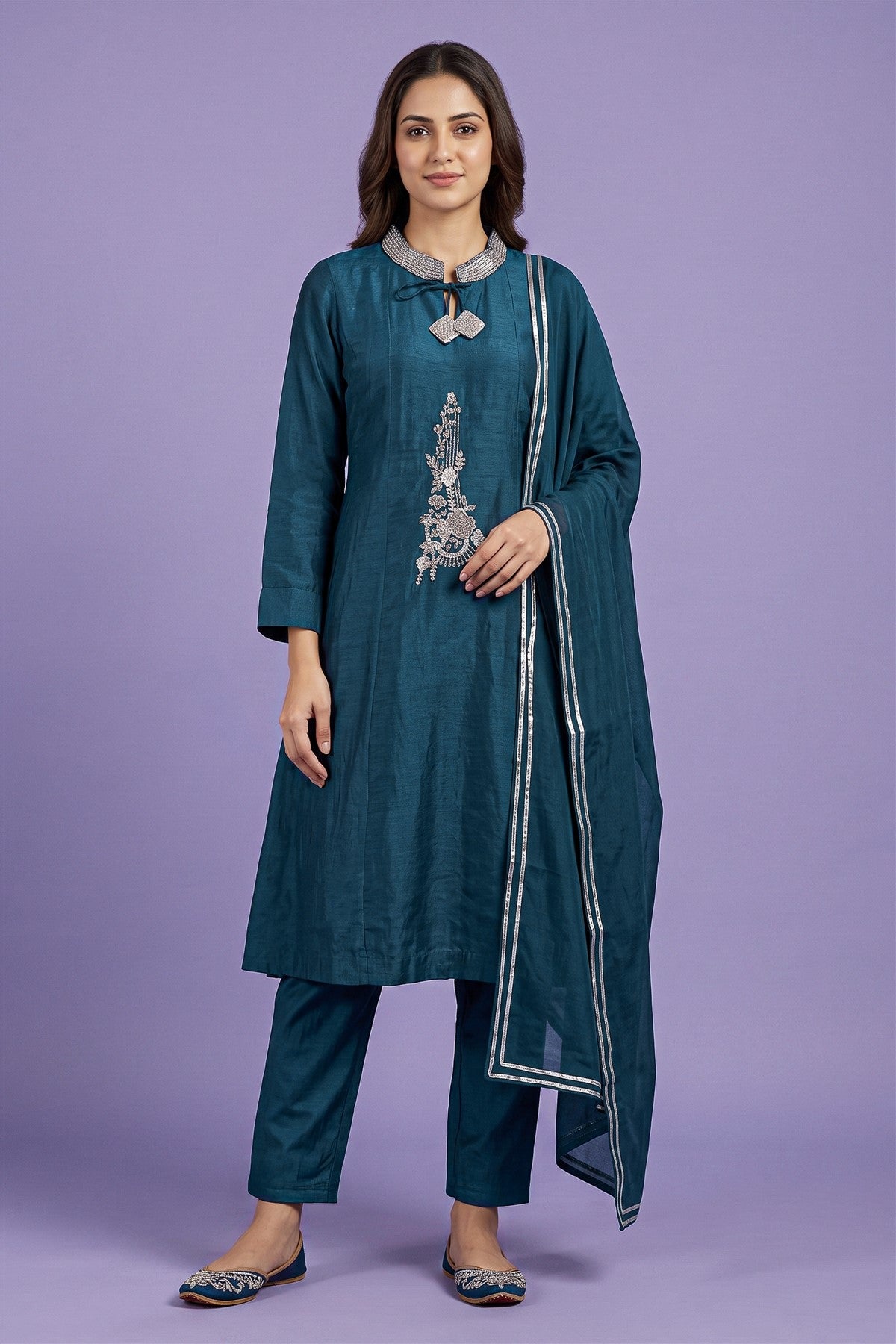 Mul Chanderi Embroidered Rama Blue Kurti Set With Dupatta