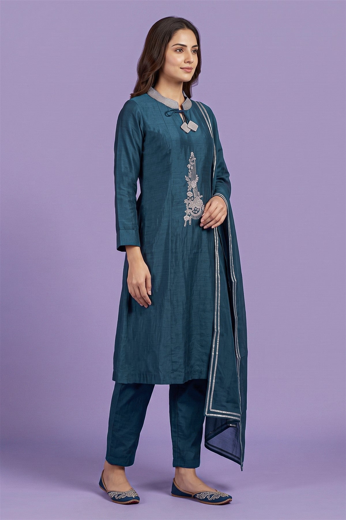 Mul Chanderi Embroidered Rama Blue Kurti Set With Dupatta