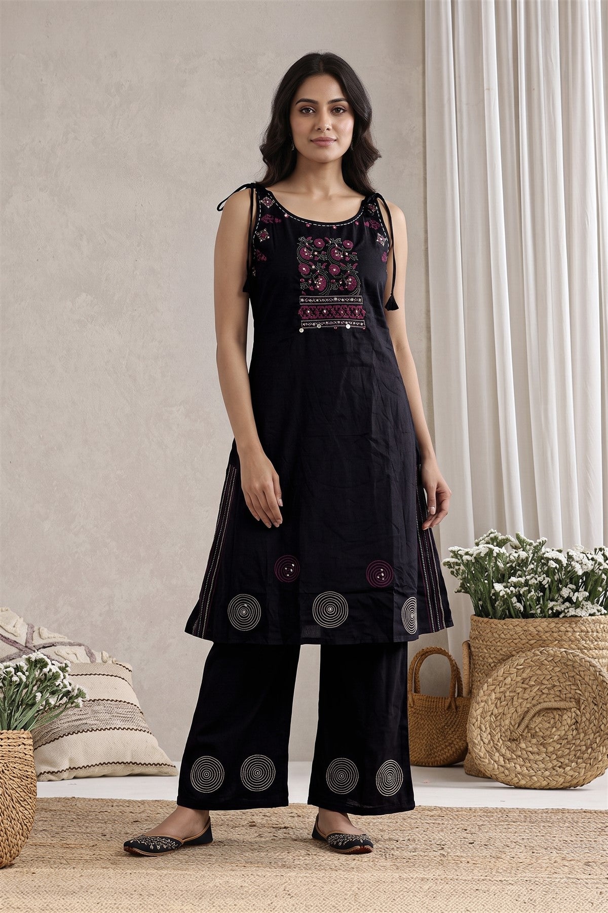 Cotton Embroidered Black Kurti Set