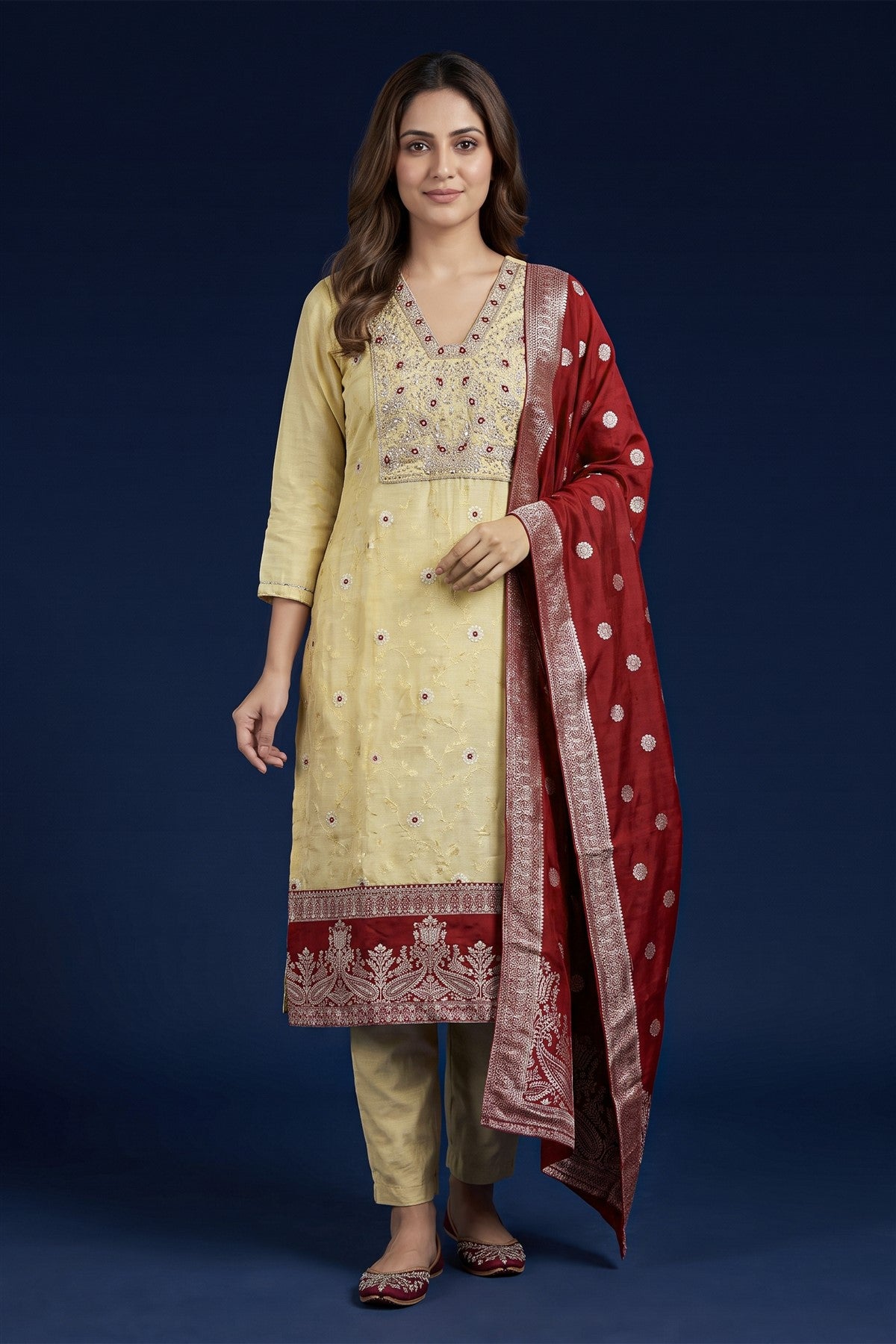 Jacquard Embroidered Cream Kurti Set With Dupatta