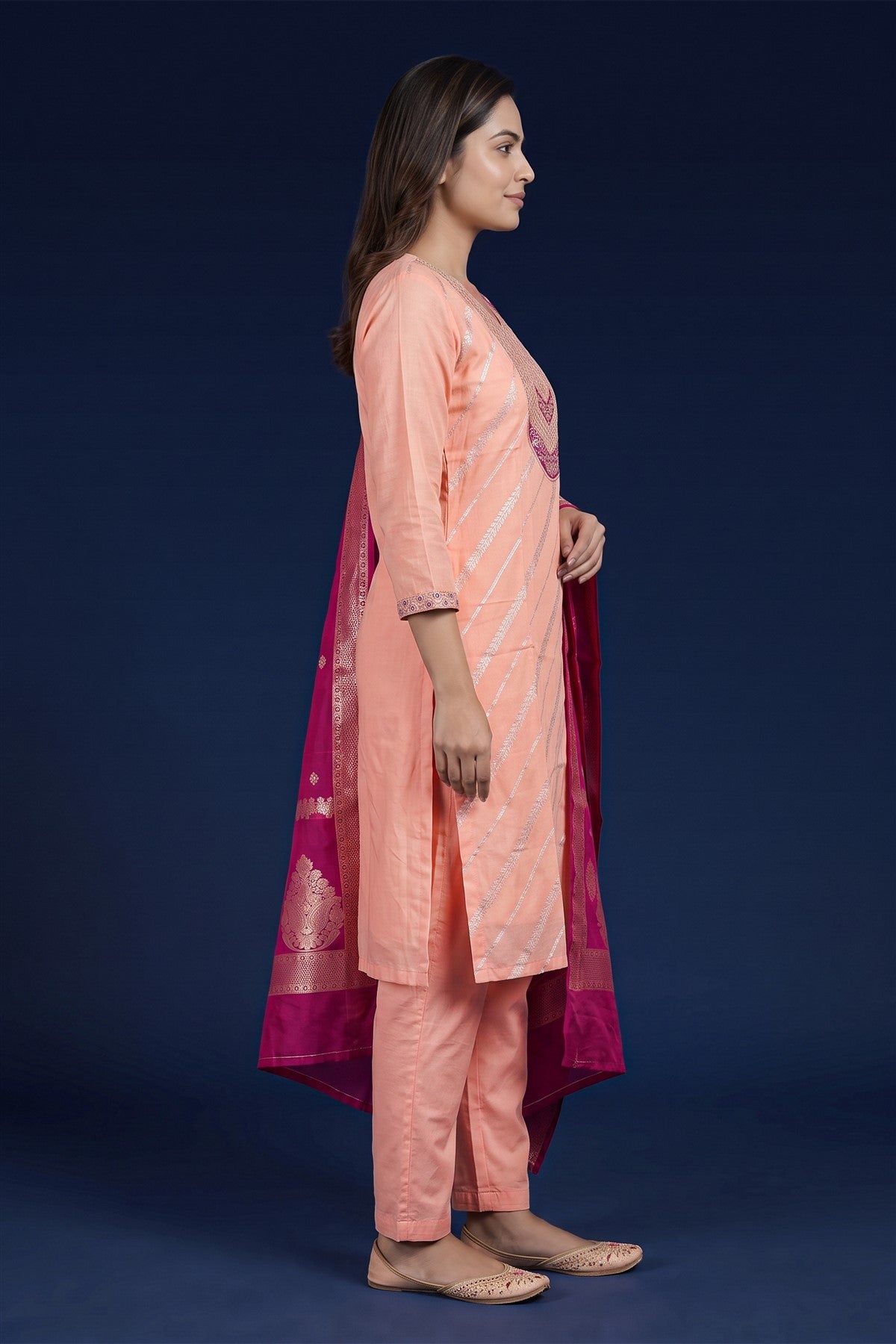 Jacquard Embroidered Peach Kurti Set With Dupatta
