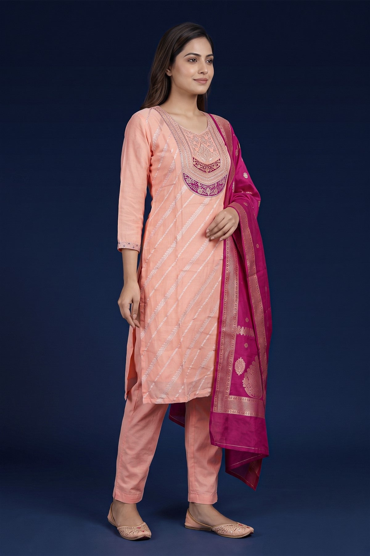 Jacquard Embroidered Peach Kurti Set With Dupatta