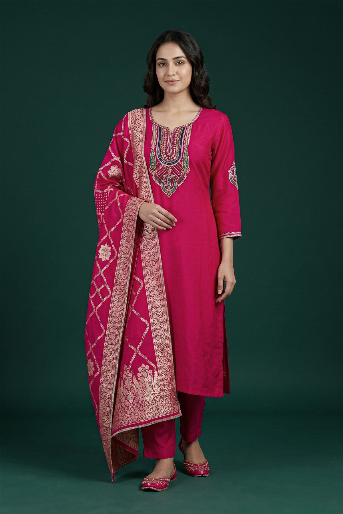 Chanderi Embroidered Rani Pink Kurti Set With Dupatta