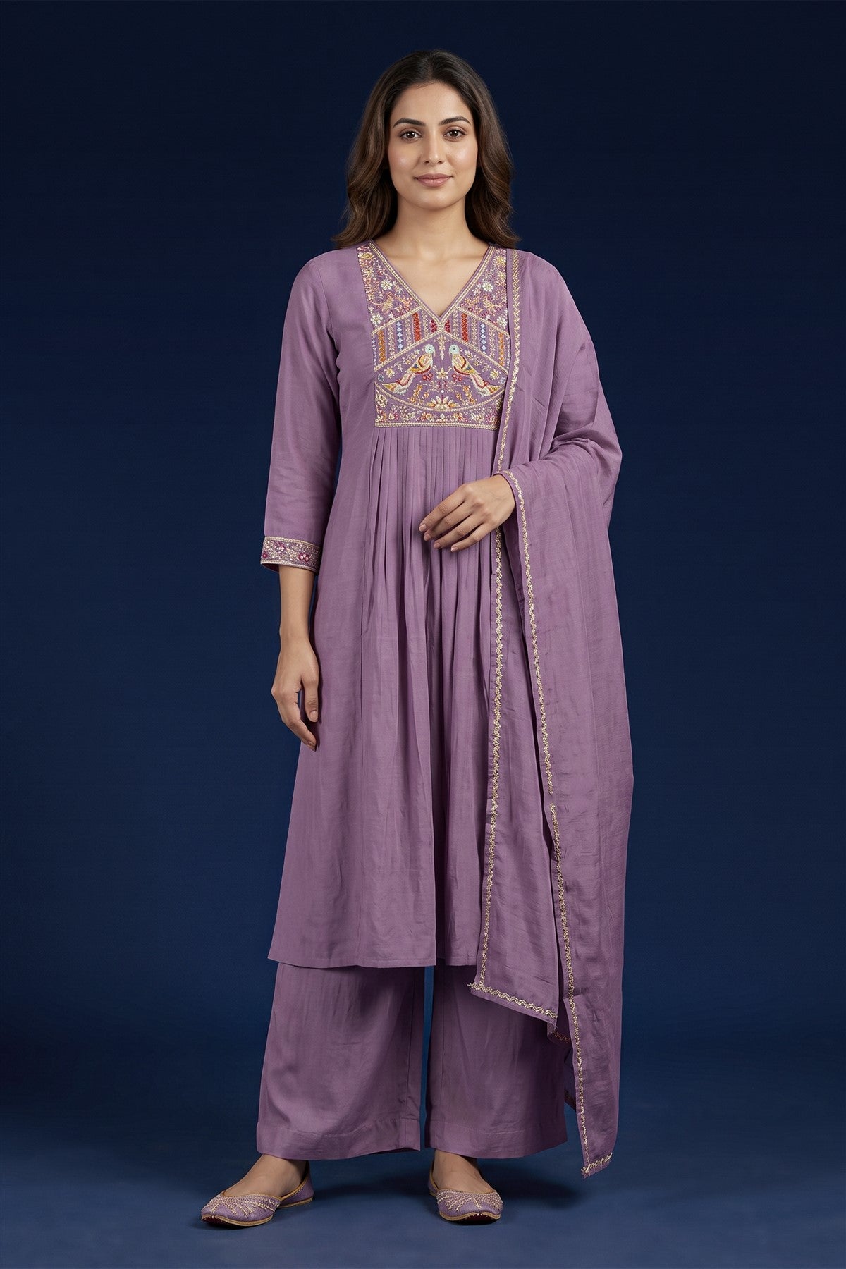 Chanderi Embroidered Lavender Kurti Set With Dupatta