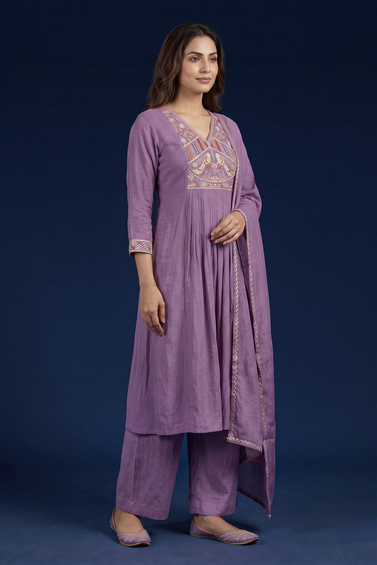 Chanderi Embroidered Lavender Kurti Set With Dupatta