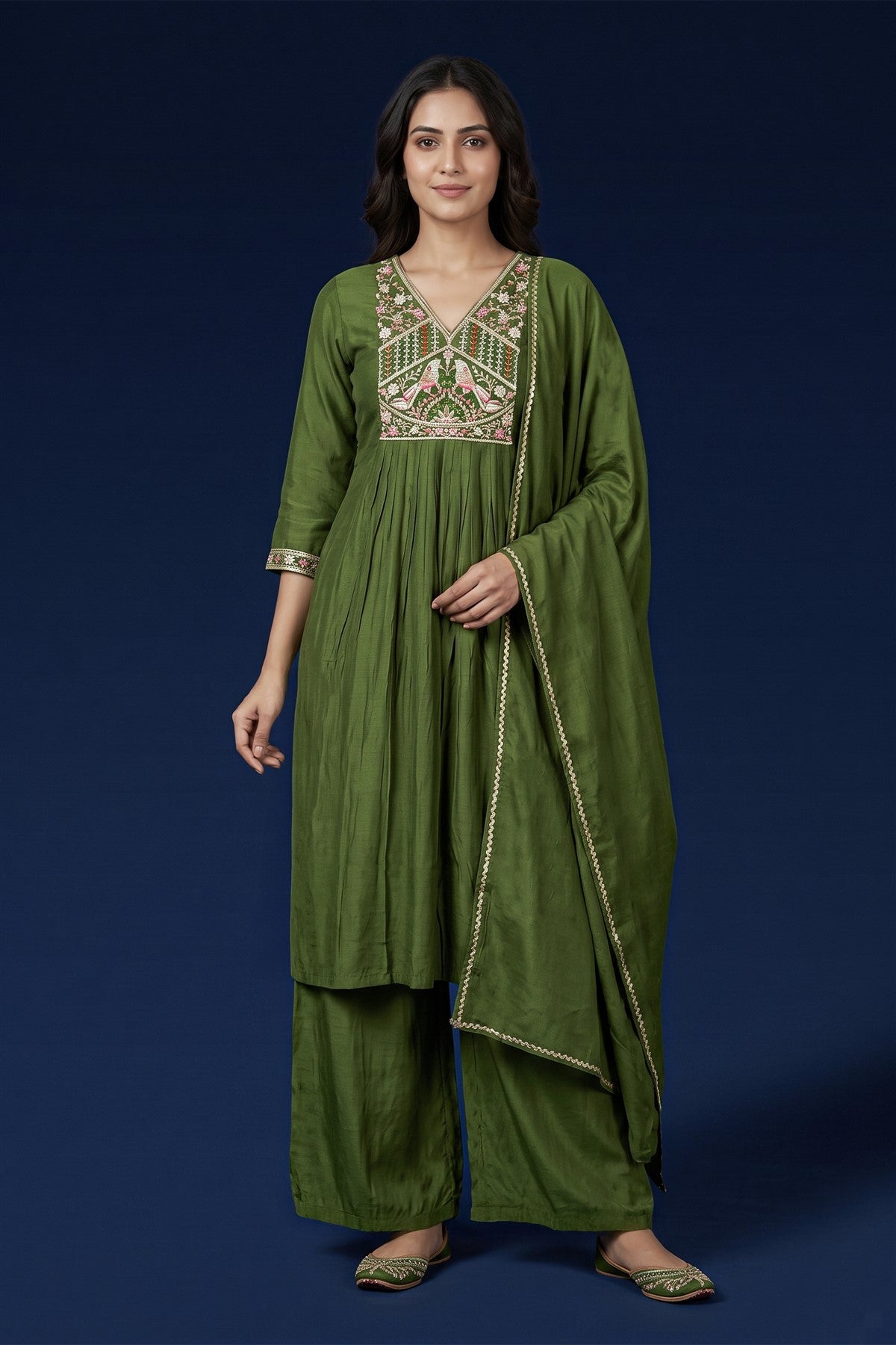 Chanderi Embroidered Green Kurti Set With Dupatta