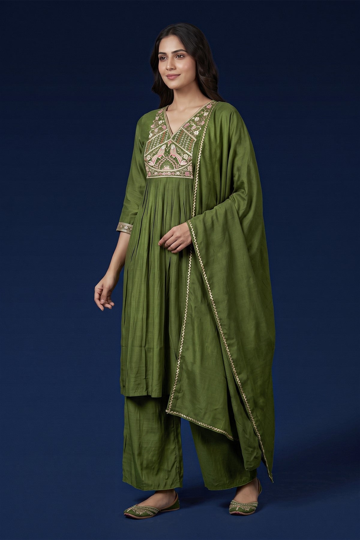 Chanderi Embroidered Green Kurti Set With Dupatta
