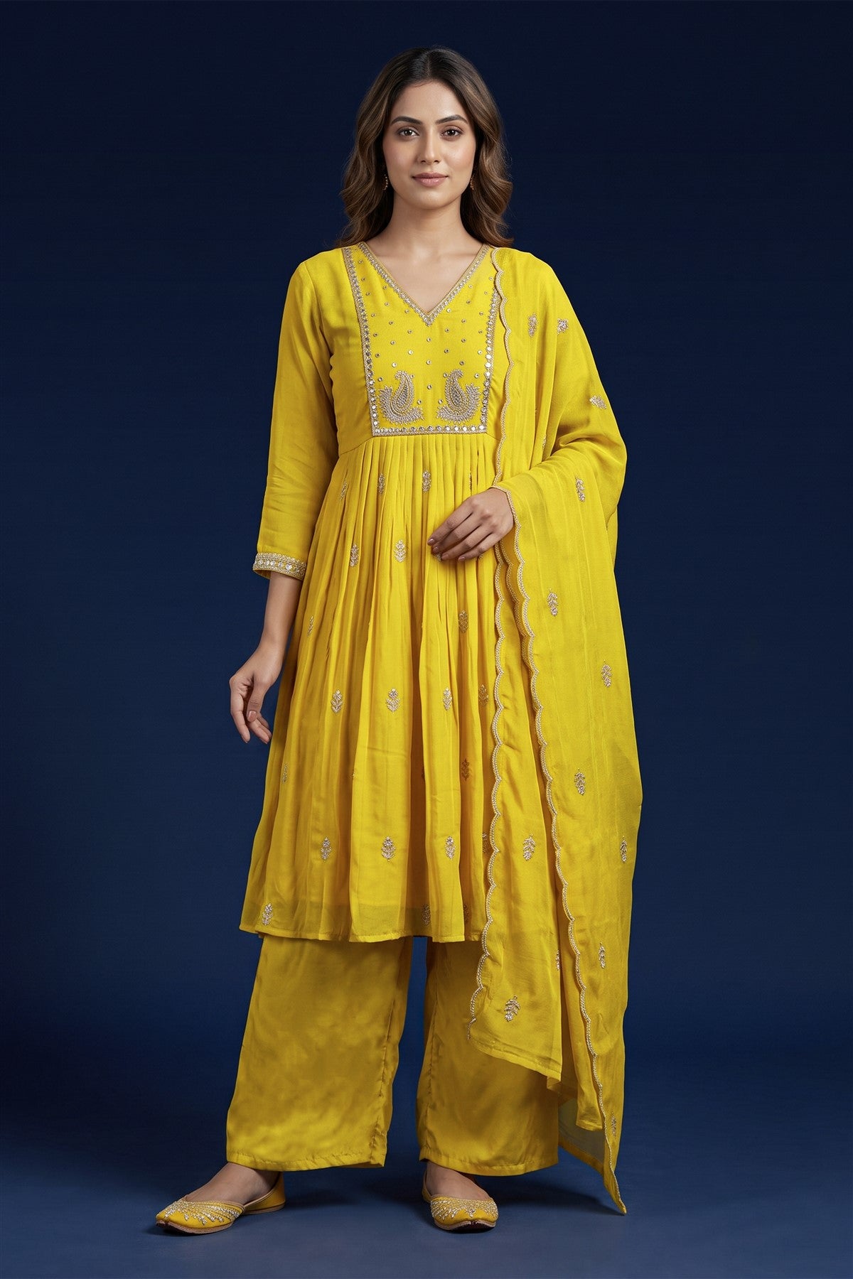 Chanderi Embroidered Mustard Kurti Set With Dupatta