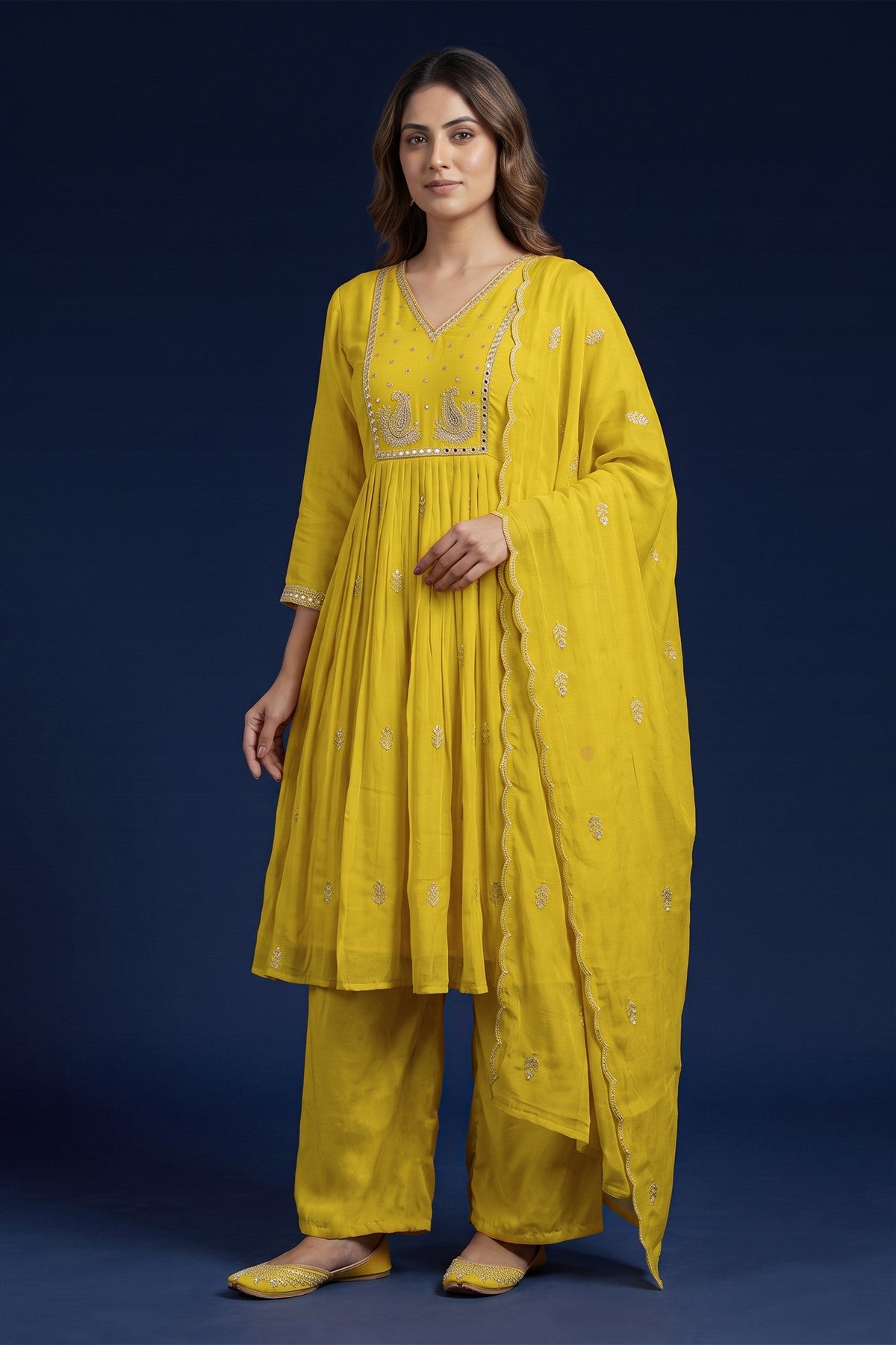 Chanderi Embroidered Mustard Kurti Set With Dupatta