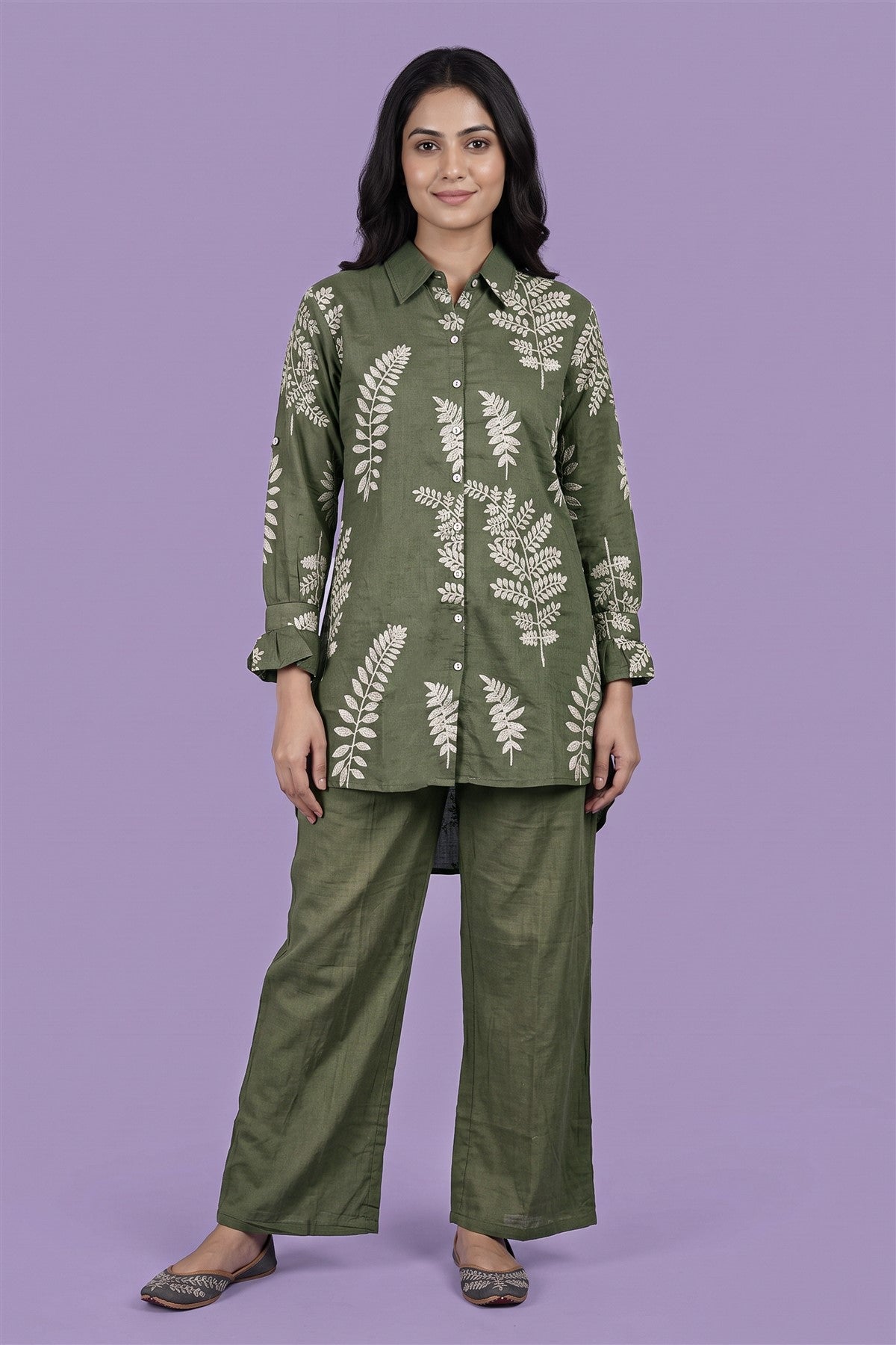 Muslin Embroidered Pista Co-Ord Set