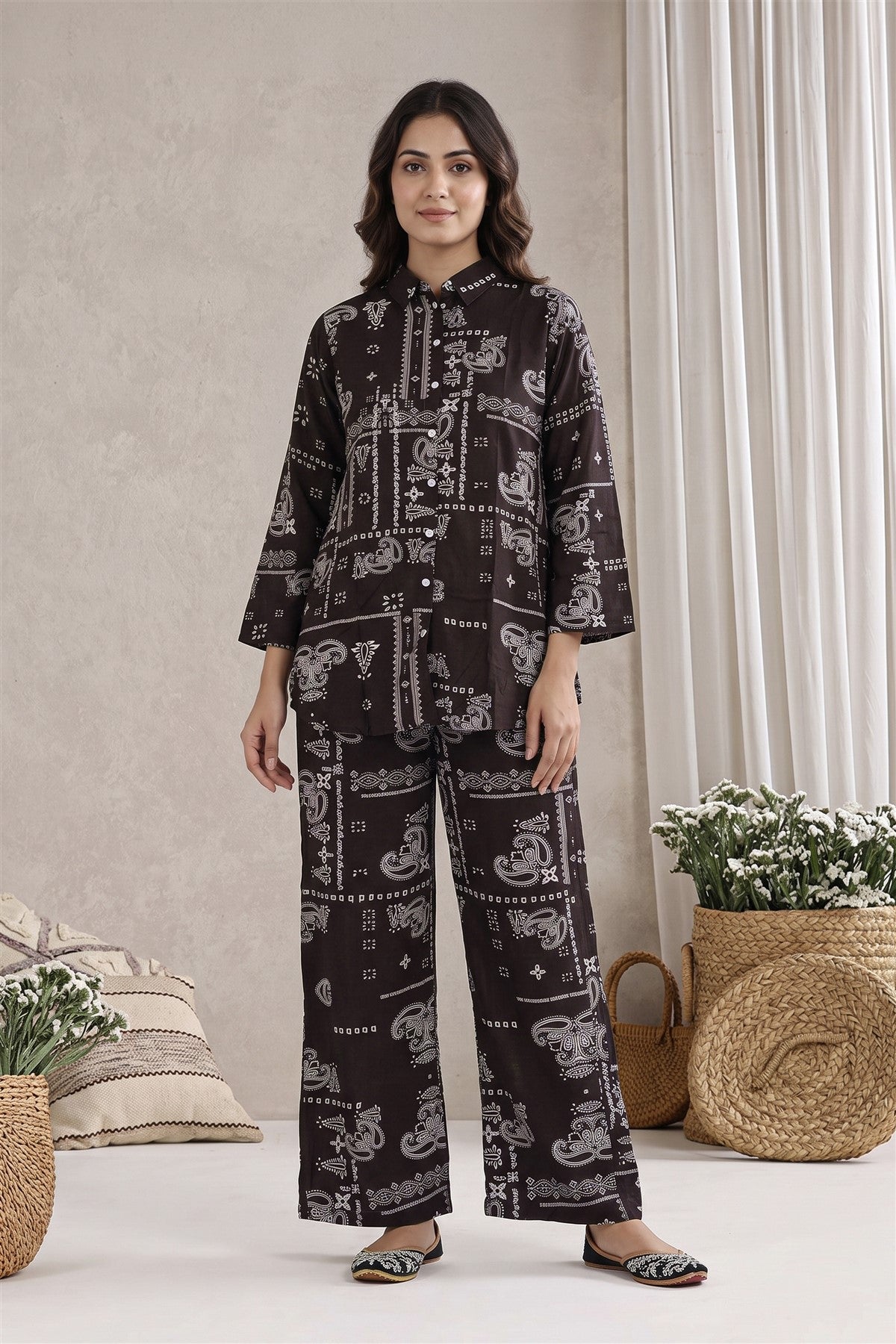Muslin Printed Brown Co-Ord Set