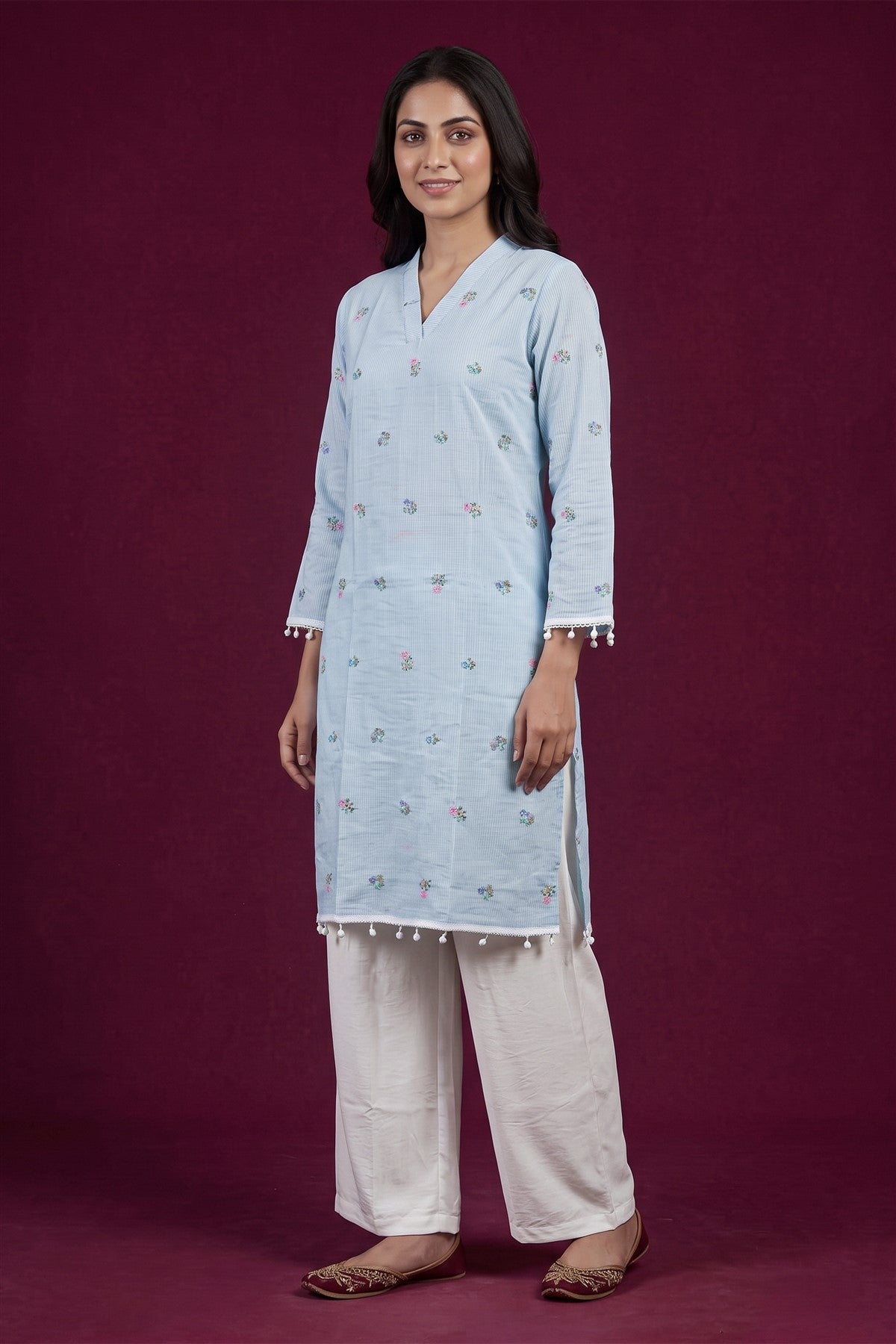 Chiffon Embroidered Blue Kurti Set