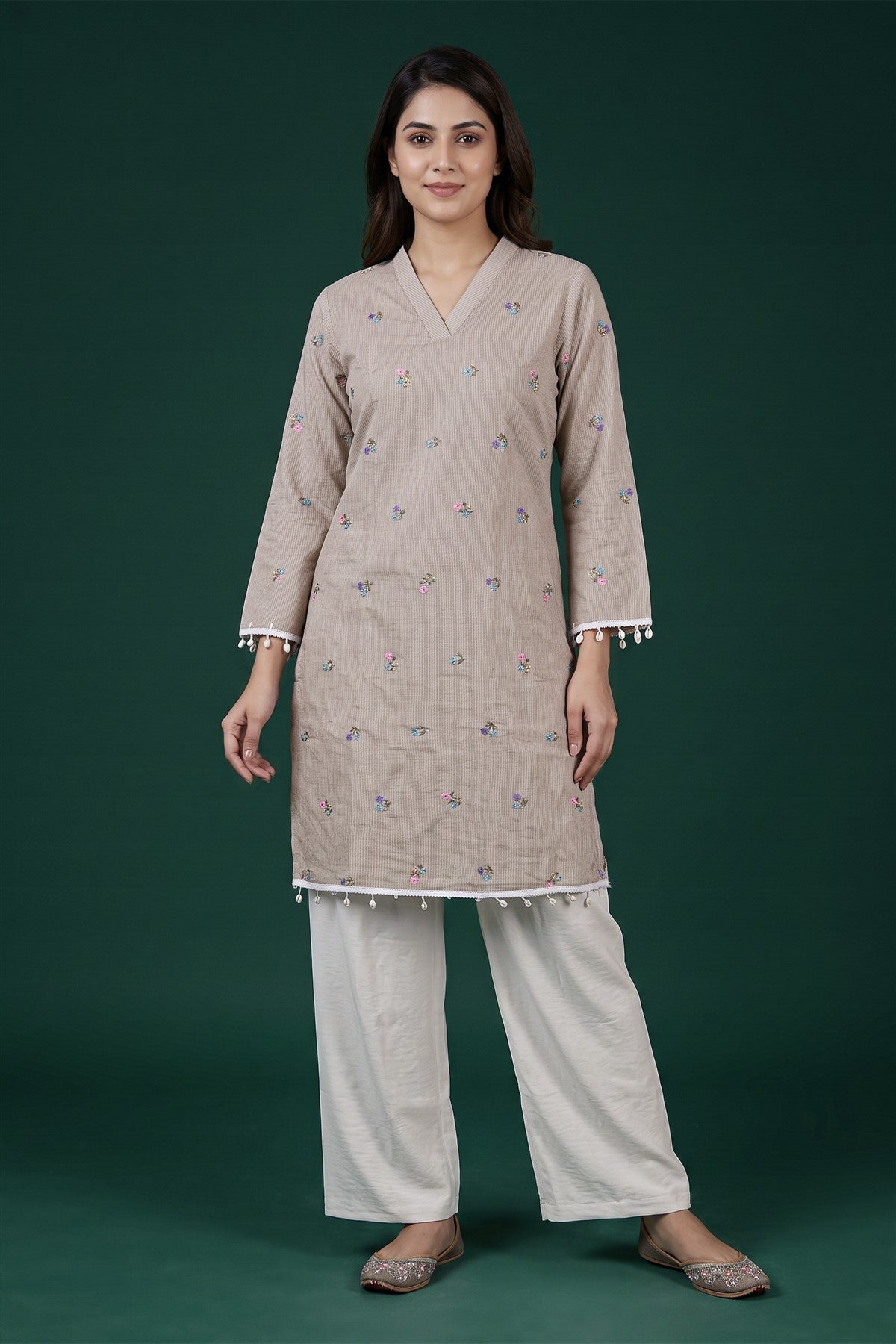 Chiffon Embroidered Grey Kurti Set