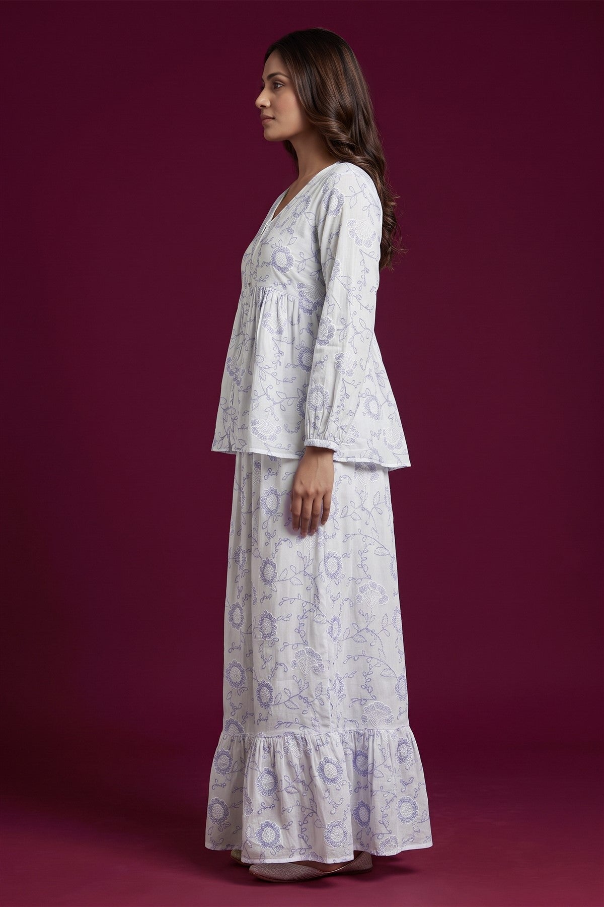Chiffon Embroidered Cream Top And Skirt